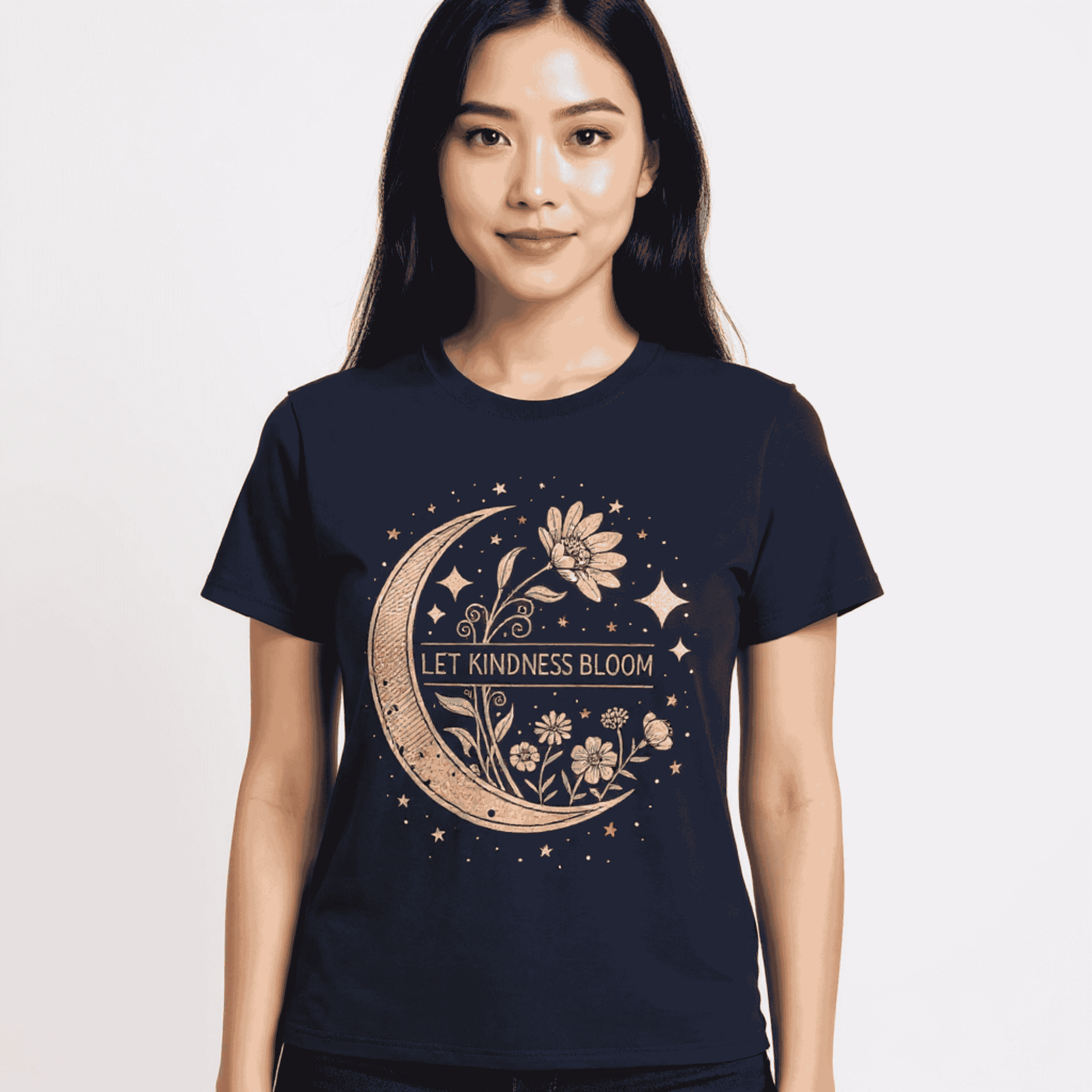 Inspirational Graphic Tee - Let Kindness Bloom Positive Quote Floral Moon TShirt