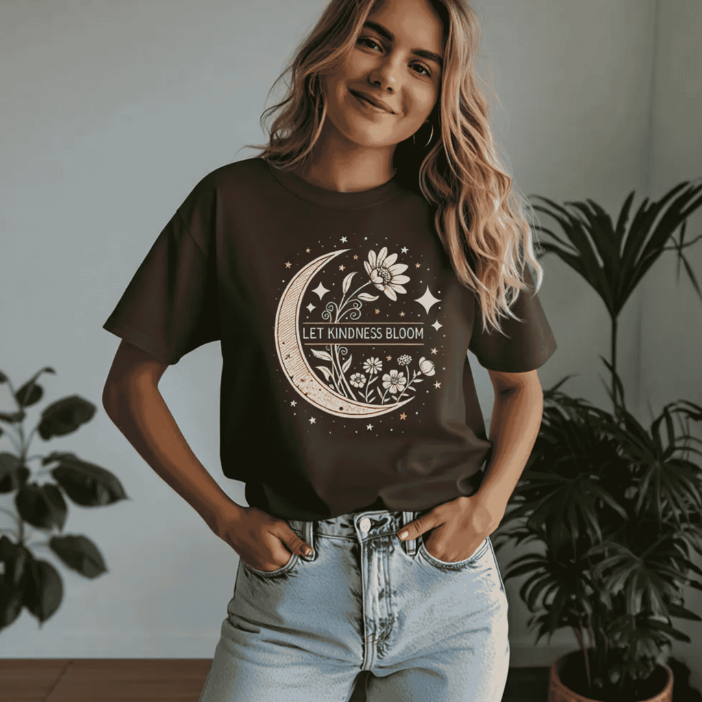 Inspirational Graphic Tee - Let Kindness Bloom Positive Quote Floral Moon TShirt