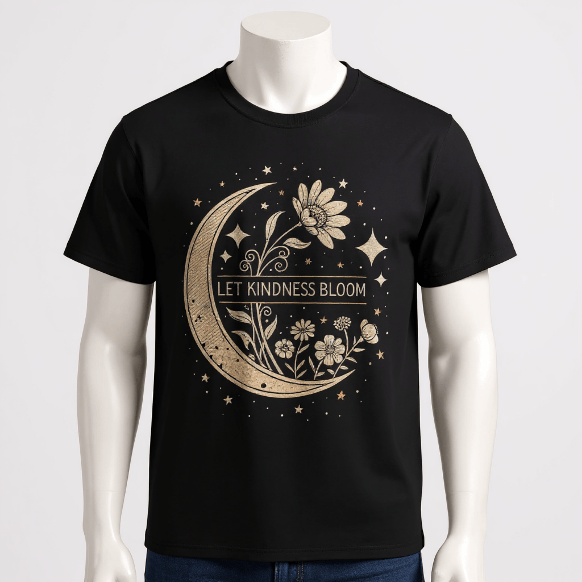 Inspirational Graphic Tee - Let Kindness Bloom Positive Quote Floral Moon TShirt