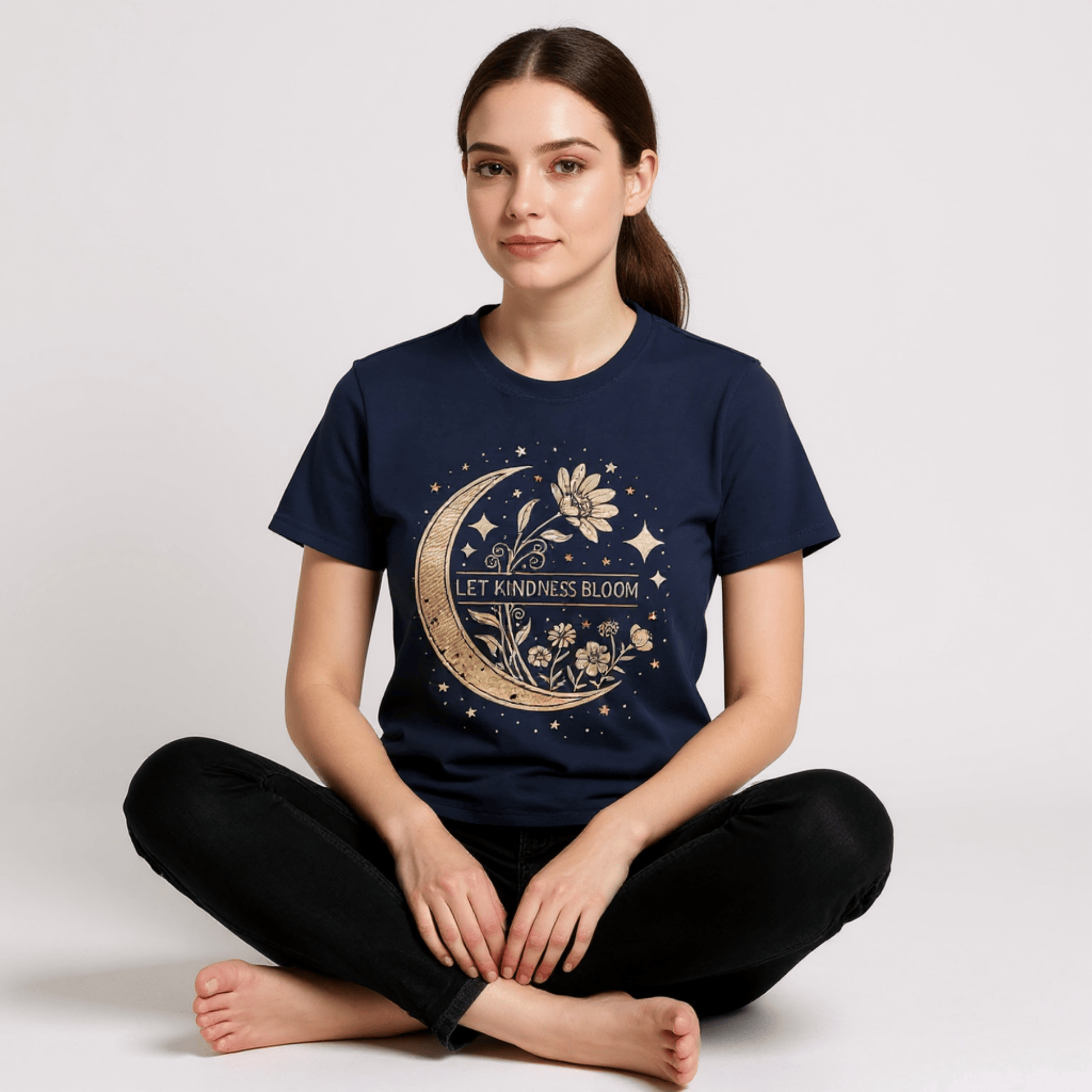 Inspirational Graphic Tee - Let Kindness Bloom Positive Quote Floral Moon TShirt