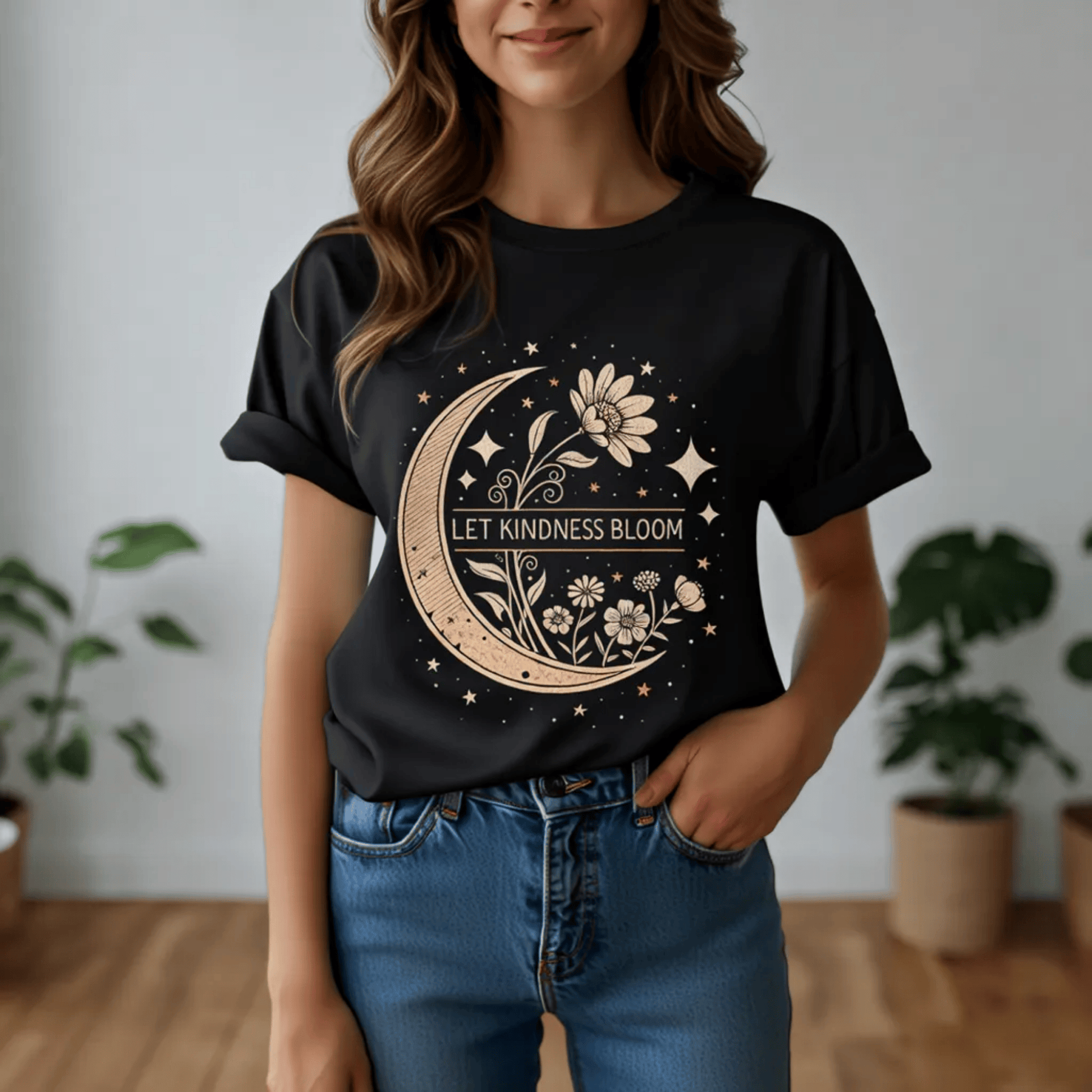 Inspirational Graphic Tee - Let Kindness Bloom Positive Quote Floral Moon TShirt