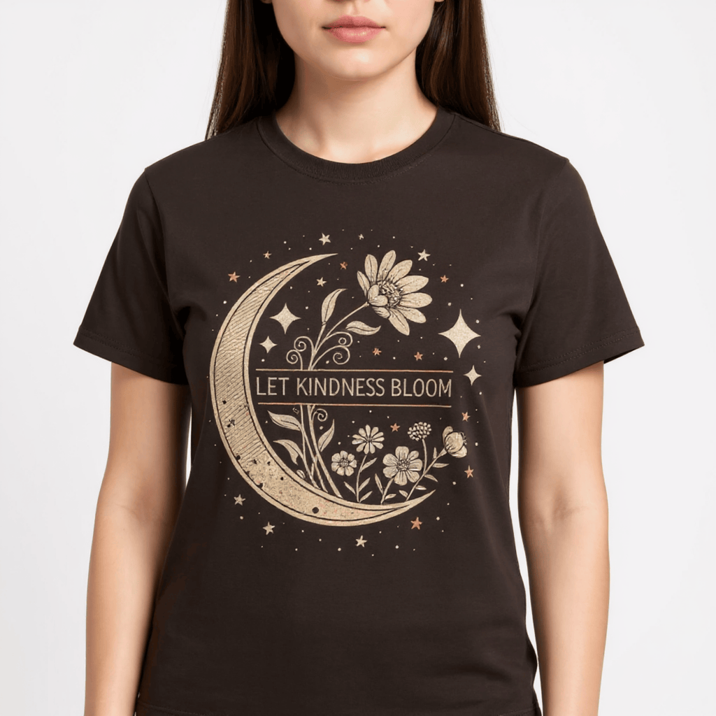 Inspirational Graphic Tee - Let Kindness Bloom Positive Quote Floral Moon TShirt