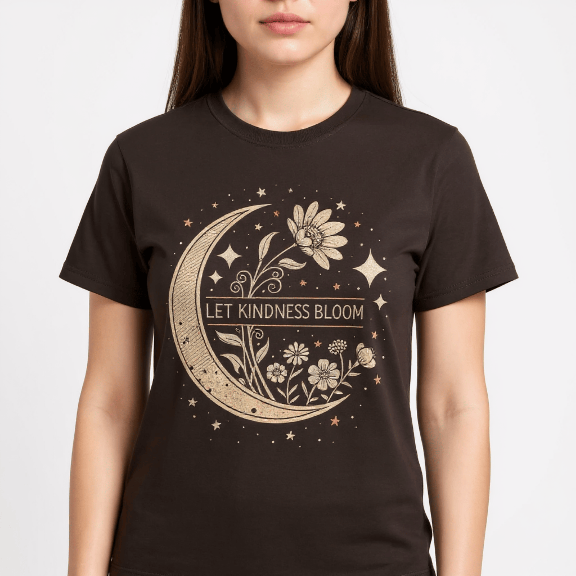 Inspirational Graphic Tee - Let Kindness Bloom Positive Quote Floral Moon TShirt