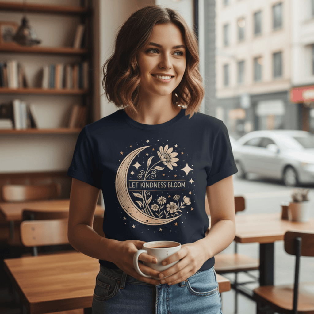 Inspirational Graphic Tee - Let Kindness Bloom Positive Quote Floral Moon TShirt
