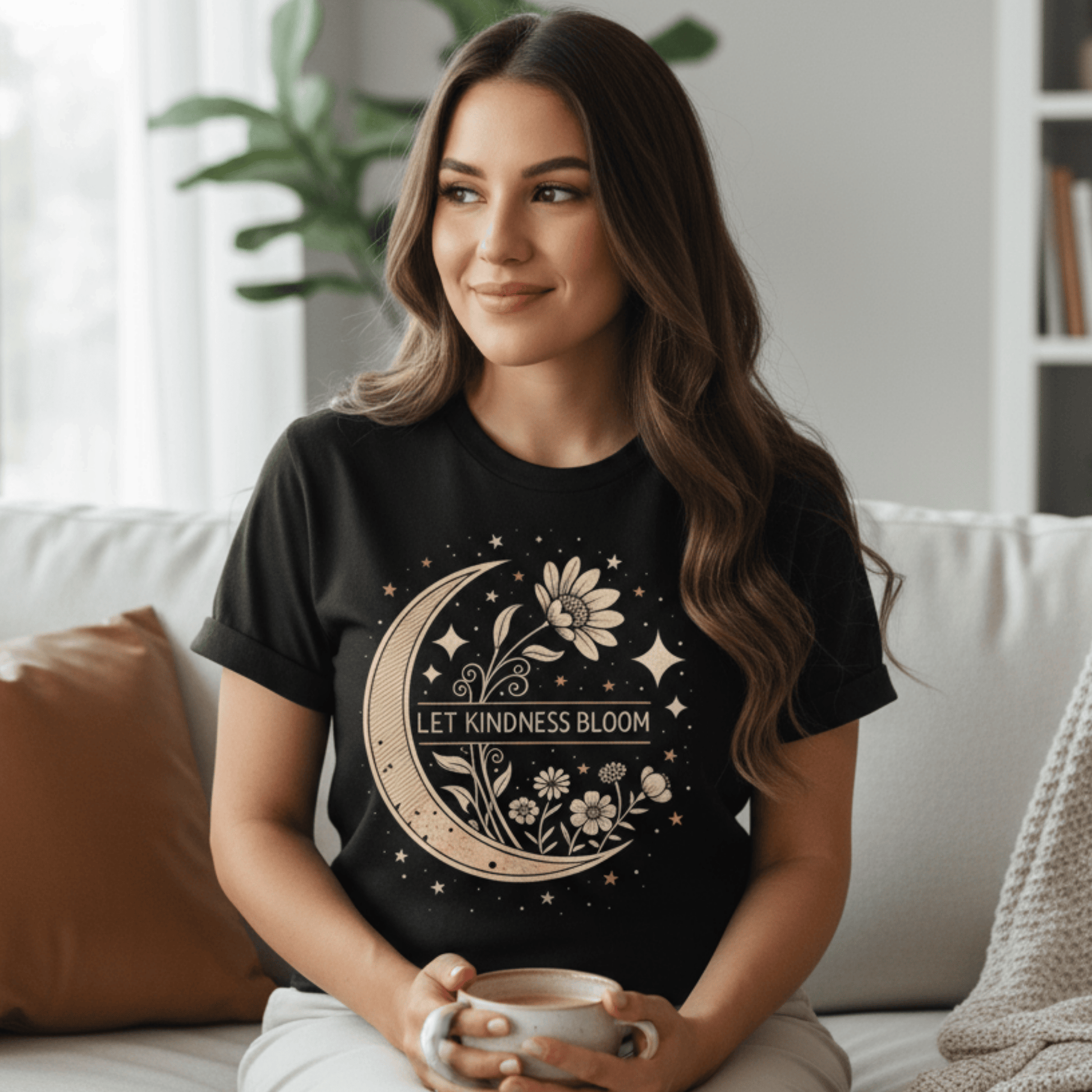 Inspirational Graphic Tee - Let Kindness Bloom Positive Quote Floral Moon TShirt