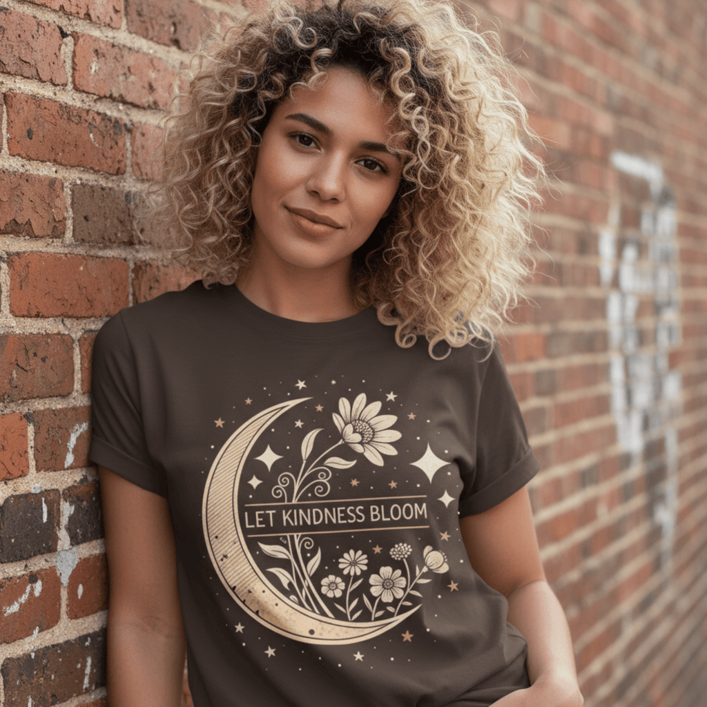 Inspirational Graphic Tee - Let Kindness Bloom Positive Quote Floral Moon TShirt