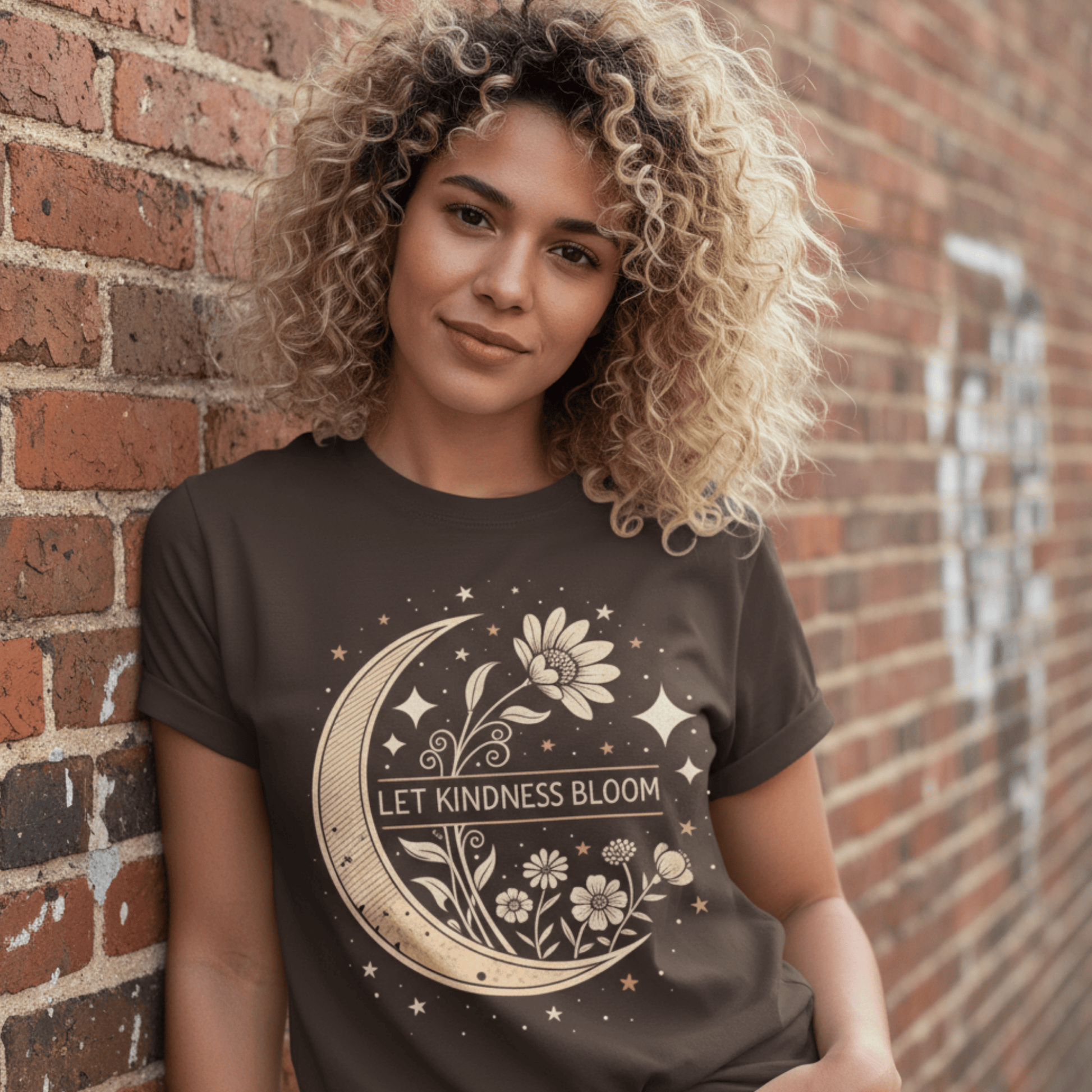 Inspirational Graphic Tee - Let Kindness Bloom Positive Quote Floral Moon TShirt