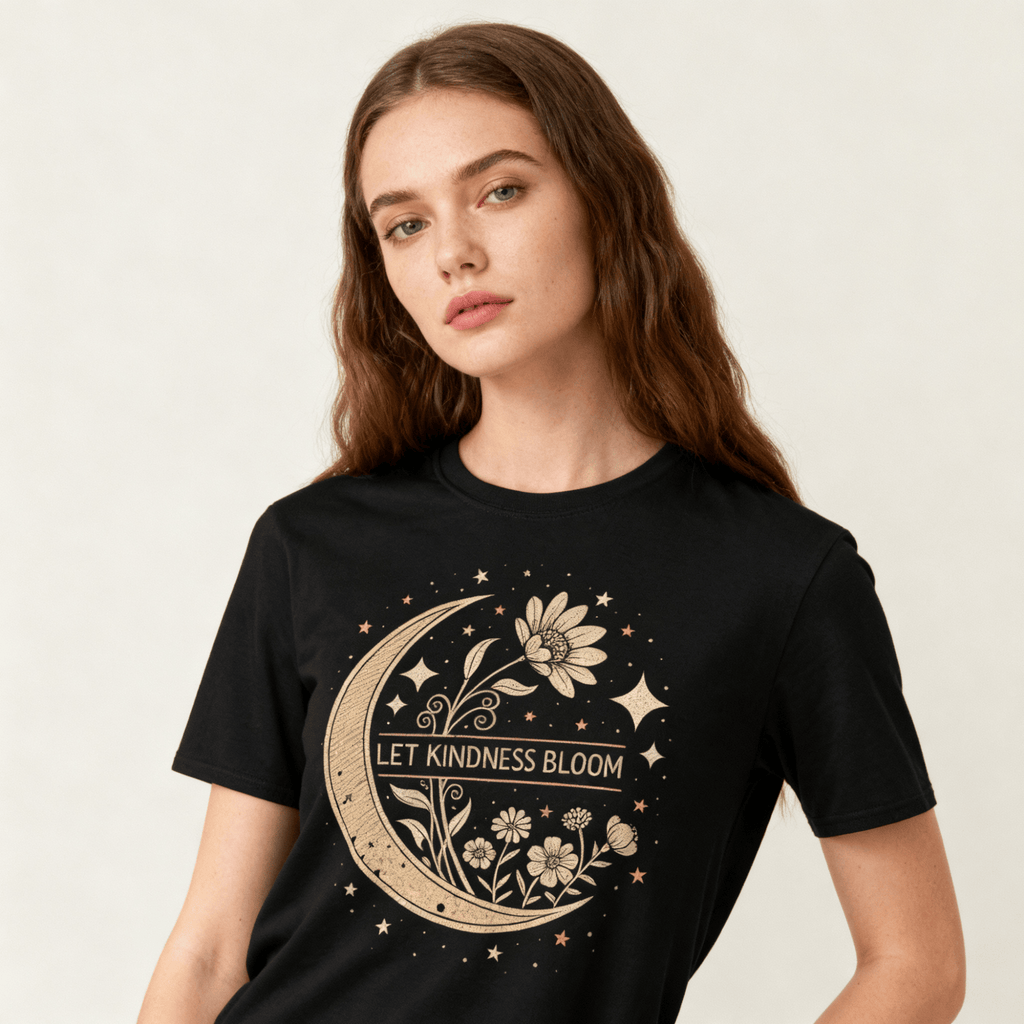 Inspirational Graphic Tee - Let Kindness Bloom Positive Quote Floral Moon TShirt