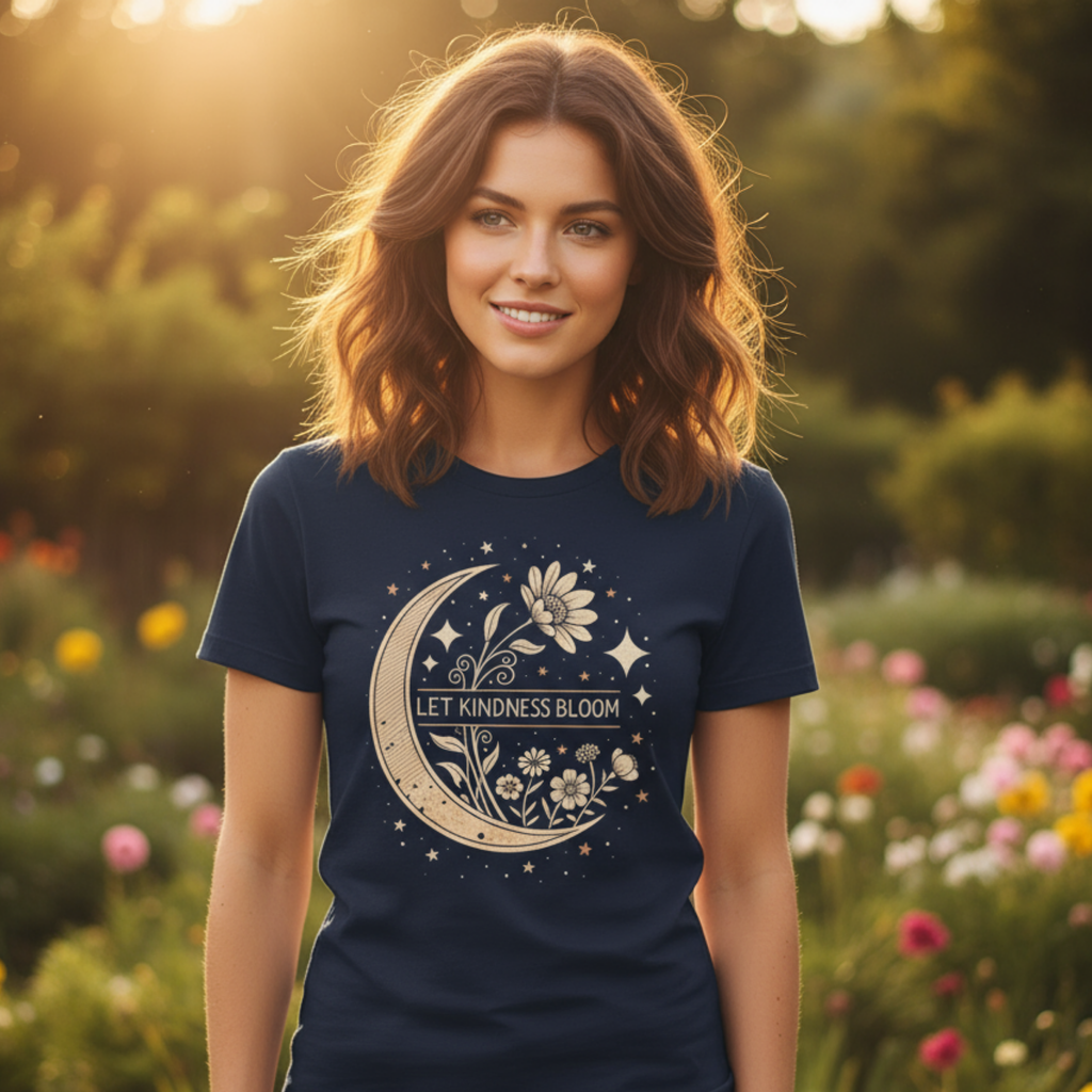 Inspirational Graphic Tee - Let Kindness Bloom Positive Quote Floral Moon TShirt