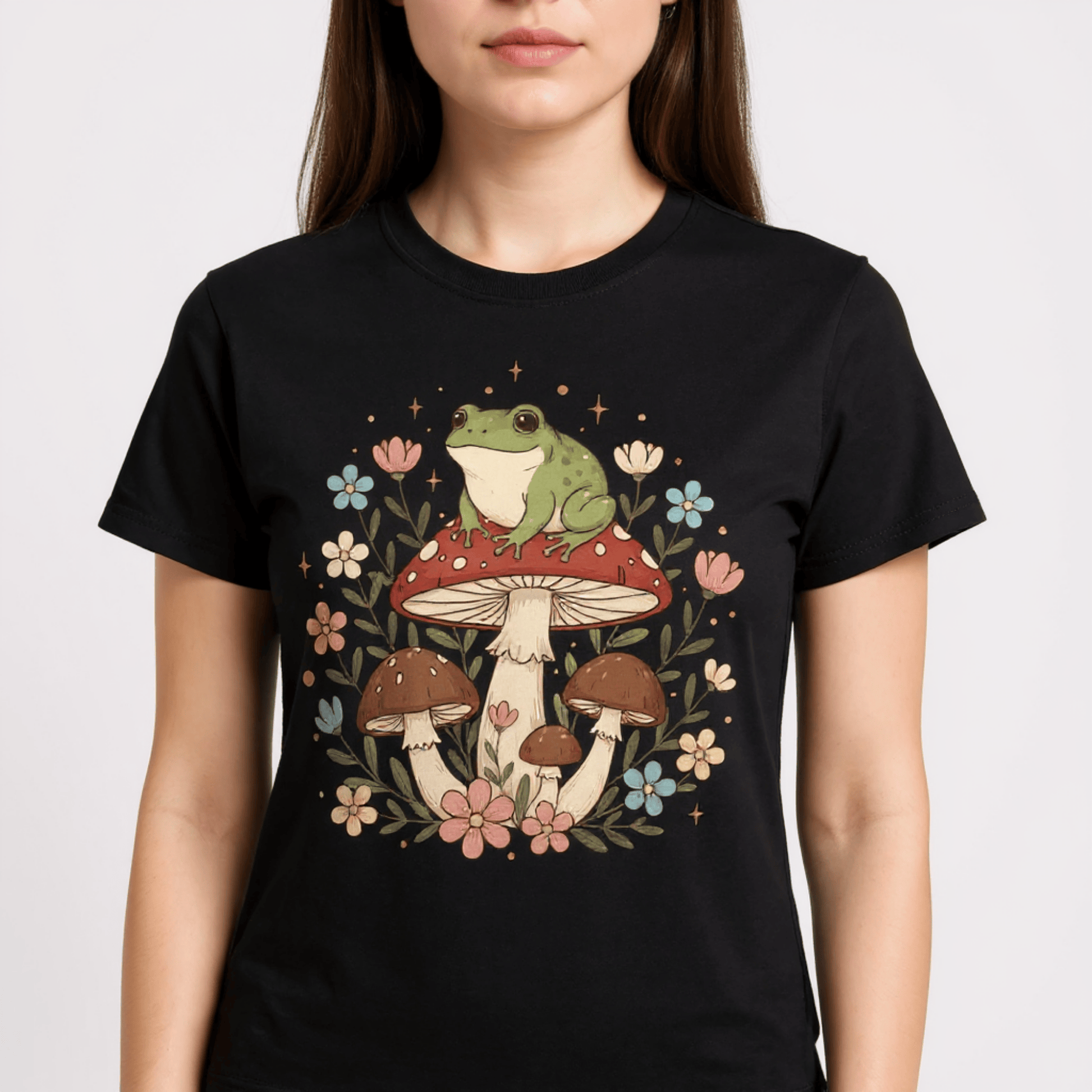 Cute Cottagecore Frog on Mushroom Graphic Tee | Woodland Forest Flowers Tshirt