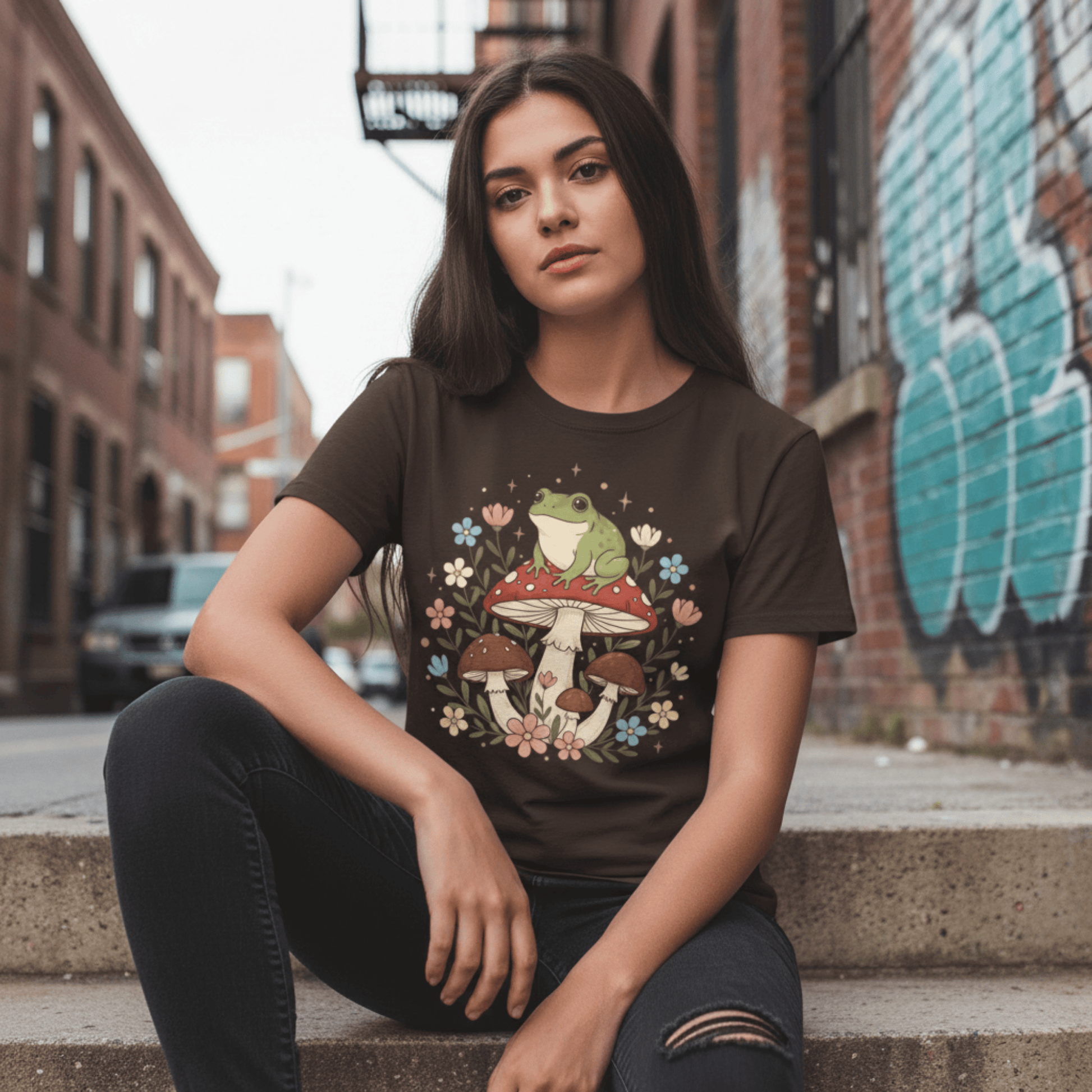 Cute Cottagecore Frog on Mushroom Graphic Tee | Woodland Forest Flowers Tshirt