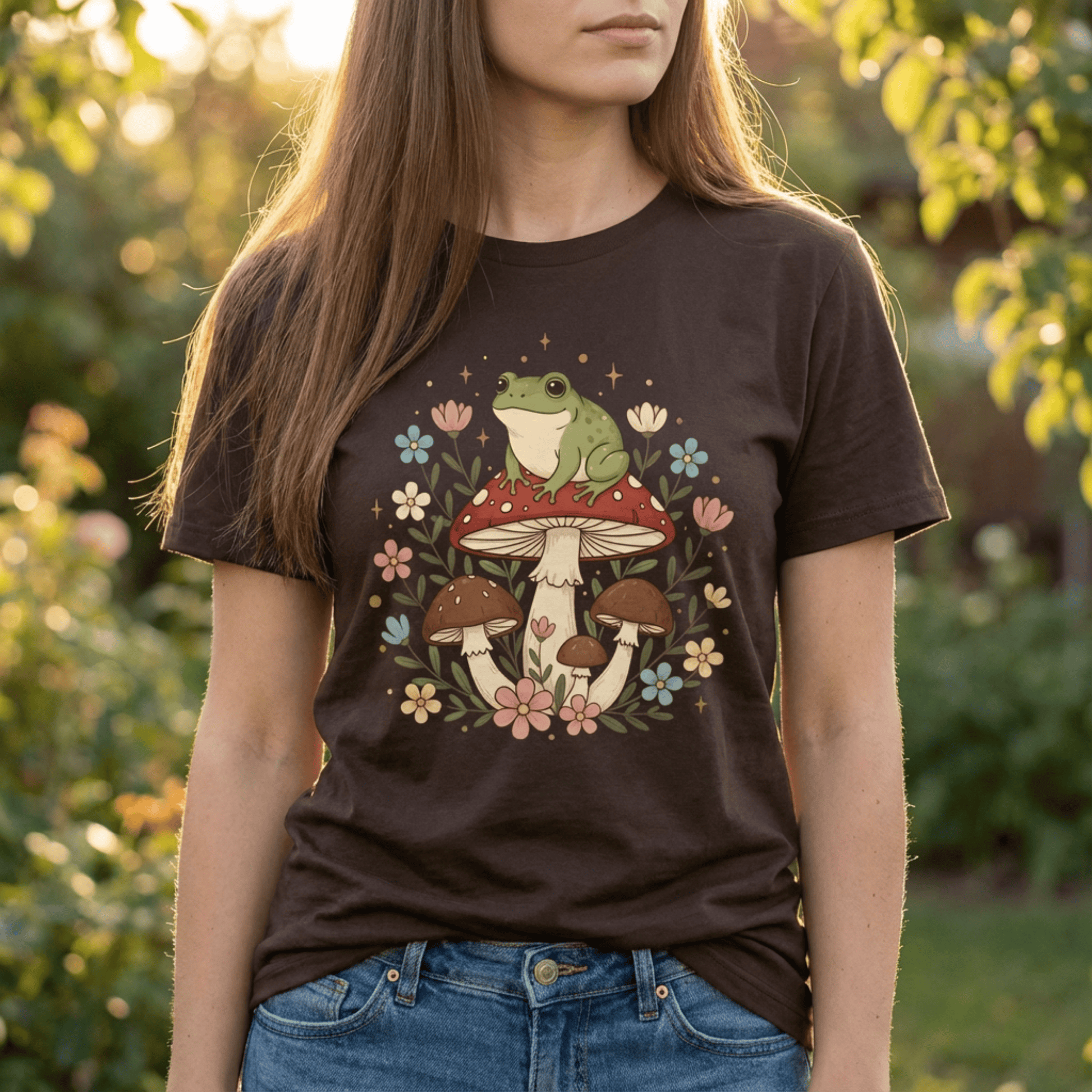 Cute Cottagecore Frog on Mushroom Graphic Tee | Woodland Forest Flowers Tshirt