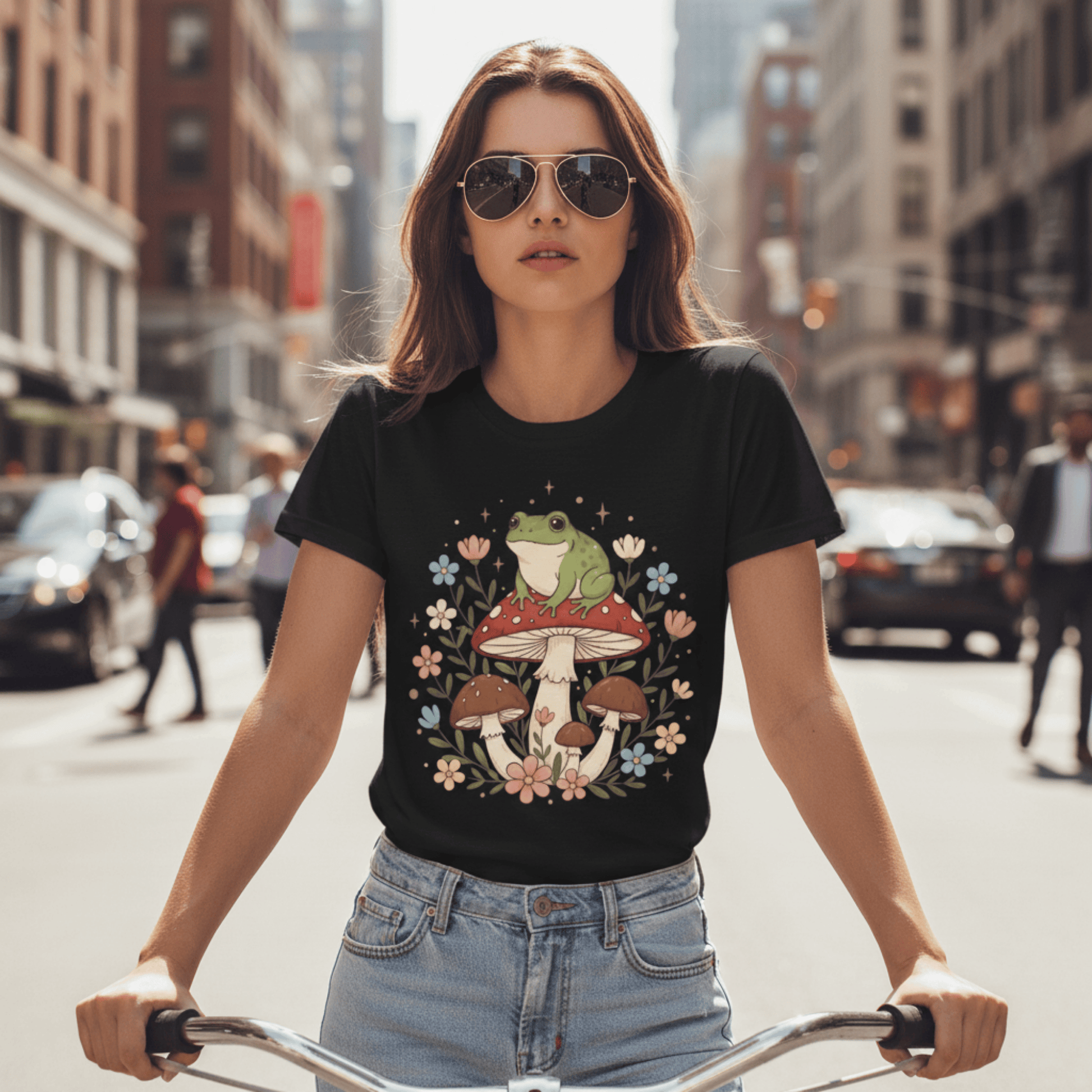 Cute Cottagecore Frog on Mushroom Graphic Tee | Woodland Forest Flowers Tshirt