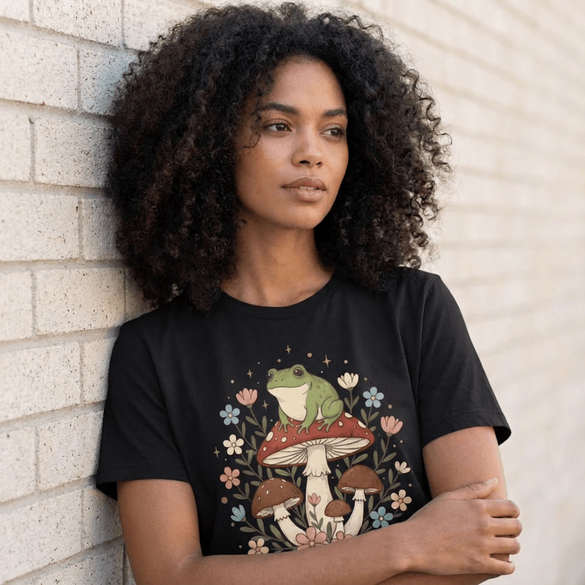 Cute Cottagecore Frog on Mushroom Graphic Tee | Woodland Forest Flowers Tshirt