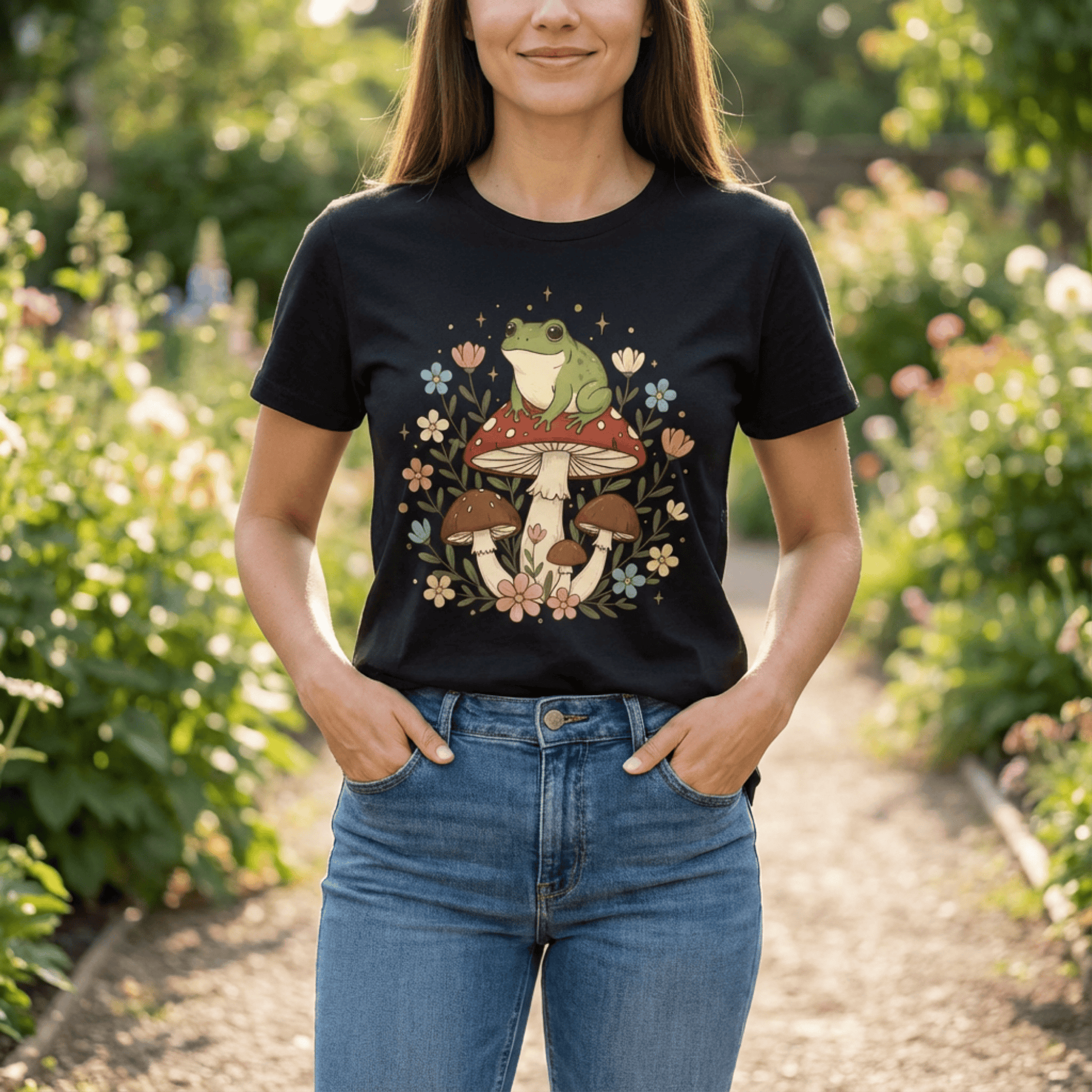Cute Cottagecore Frog on Mushroom Graphic Tee | Woodland Forest Flowers Tshirt