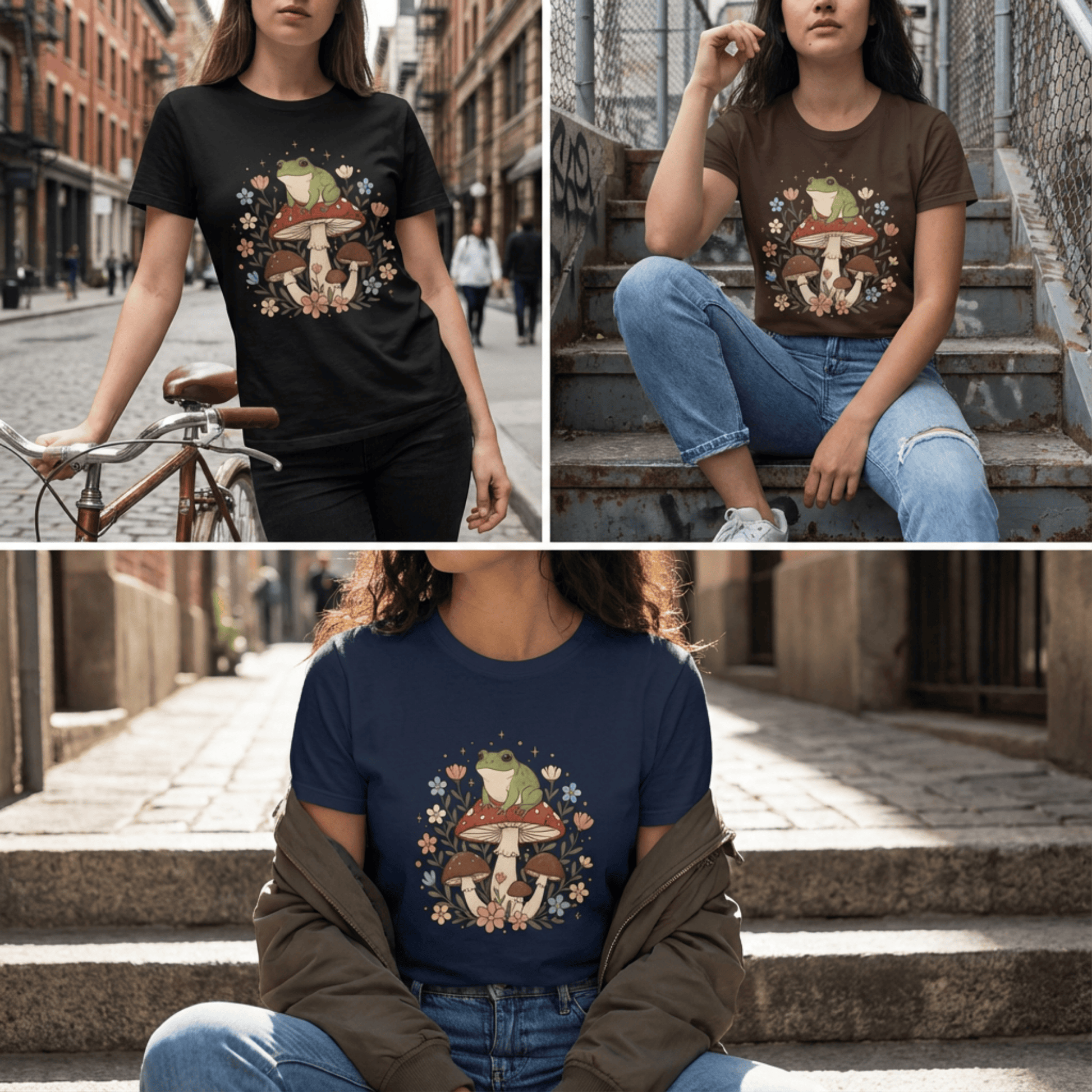 Cute Cottagecore Frog on Mushroom Graphic Tee | Woodland Forest Flowers Tshirt