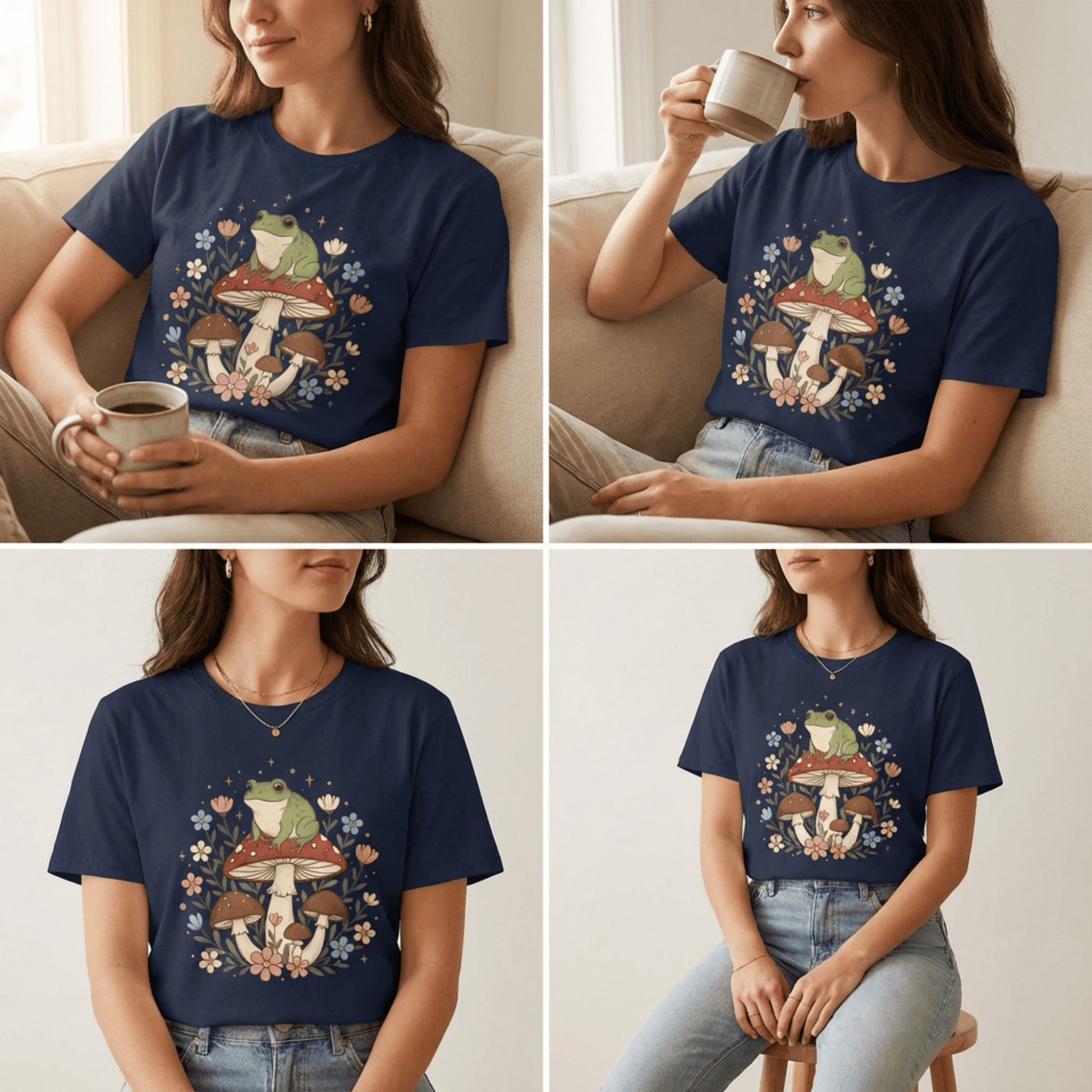 Cute Cottagecore Frog on Mushroom Graphic Tee | Woodland Forest Flowers Tshirt