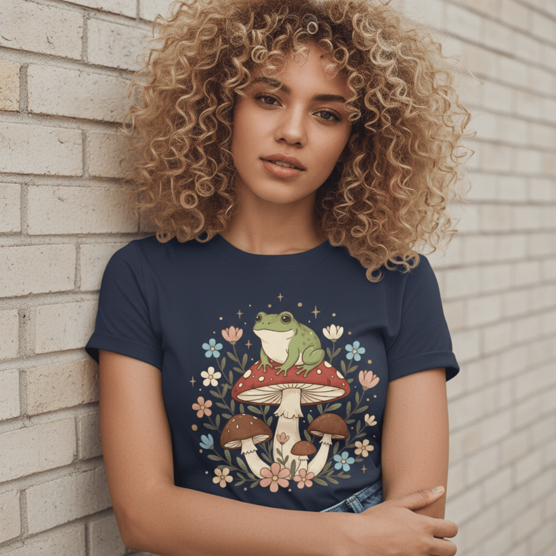 Cute Cottagecore Frog on Mushroom Graphic Tee | Woodland Forest Flowers Tshirt