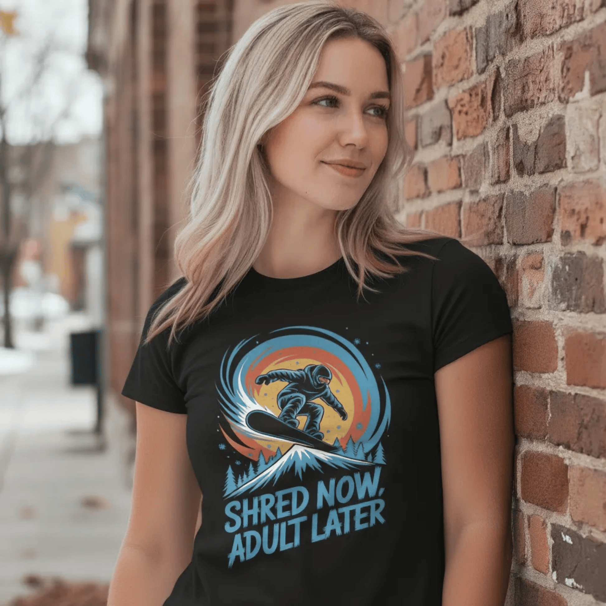 Shred Now Adult Later Snowboarding T-Shirt - Funny Snowboard Graphic Tee for Men Women Teens