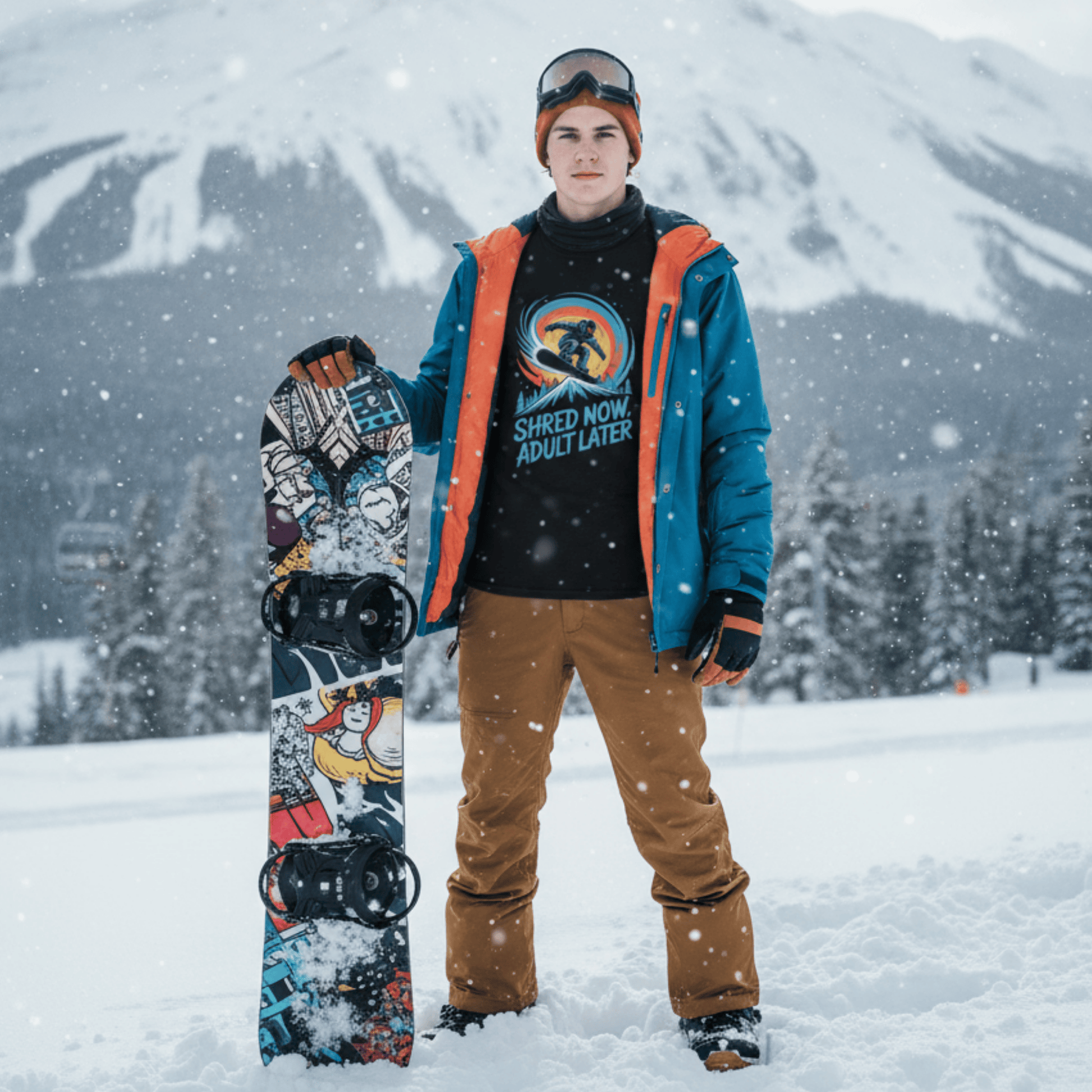 Shred Now Adult Later Snowboarding T-Shirt - Funny Snowboard Graphic Tee for Men Women Teens