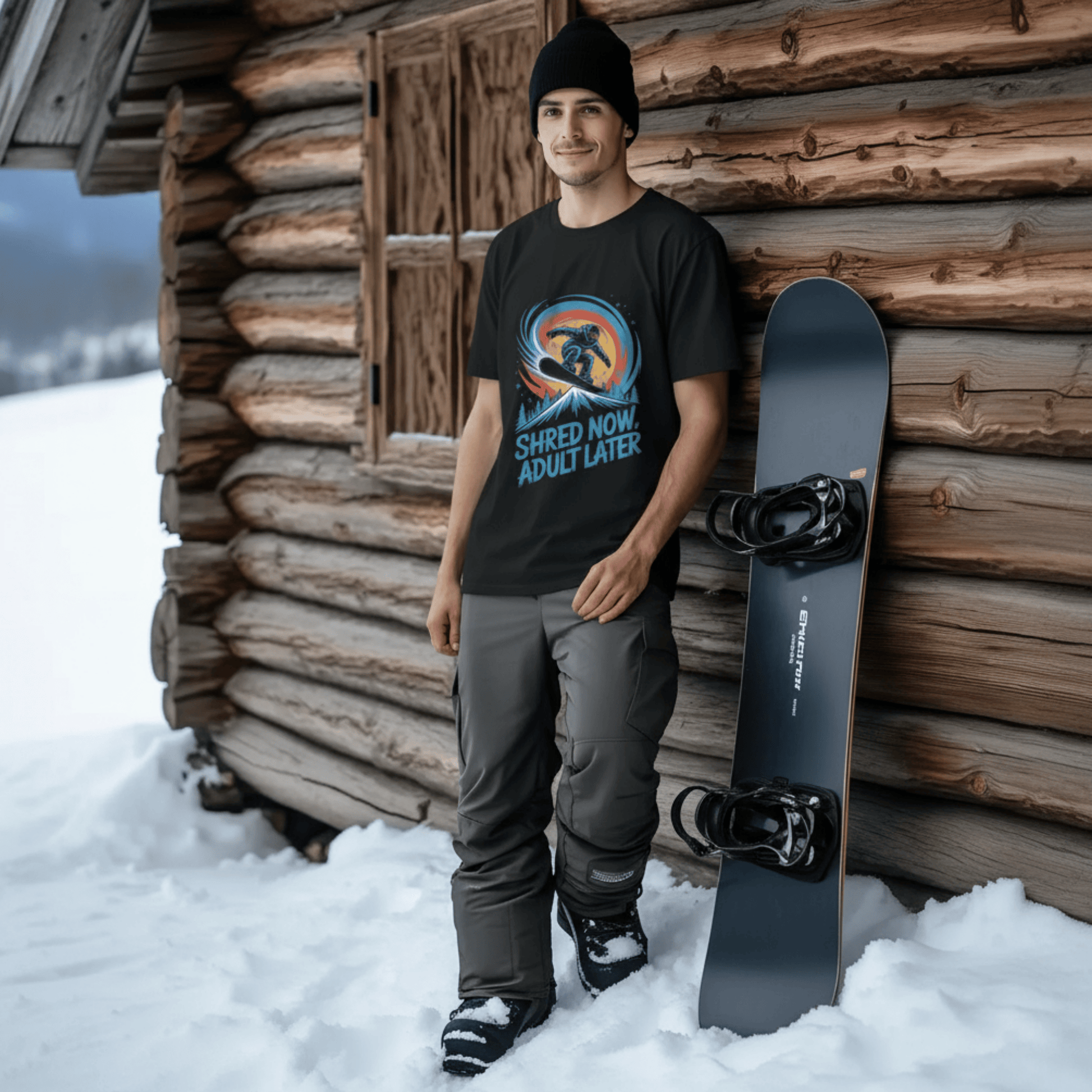 Shred Now Adult Later Snowboarding T-Shirt - Funny Snowboard Graphic Tee for Men Women Teens