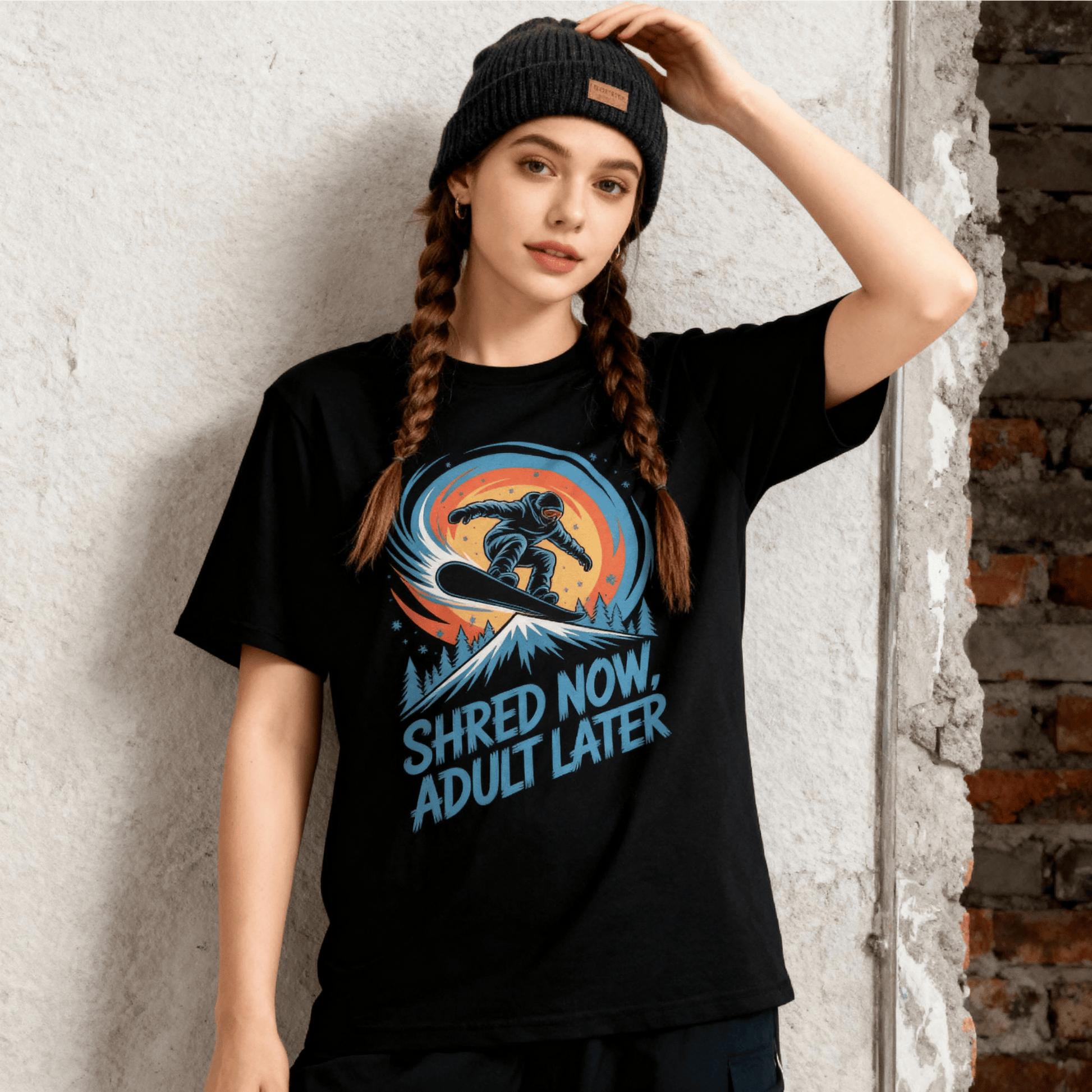 Shred Now Adult Later Snowboarding T-Shirt - Funny Snowboard Graphic Tee for Men Women Teens
