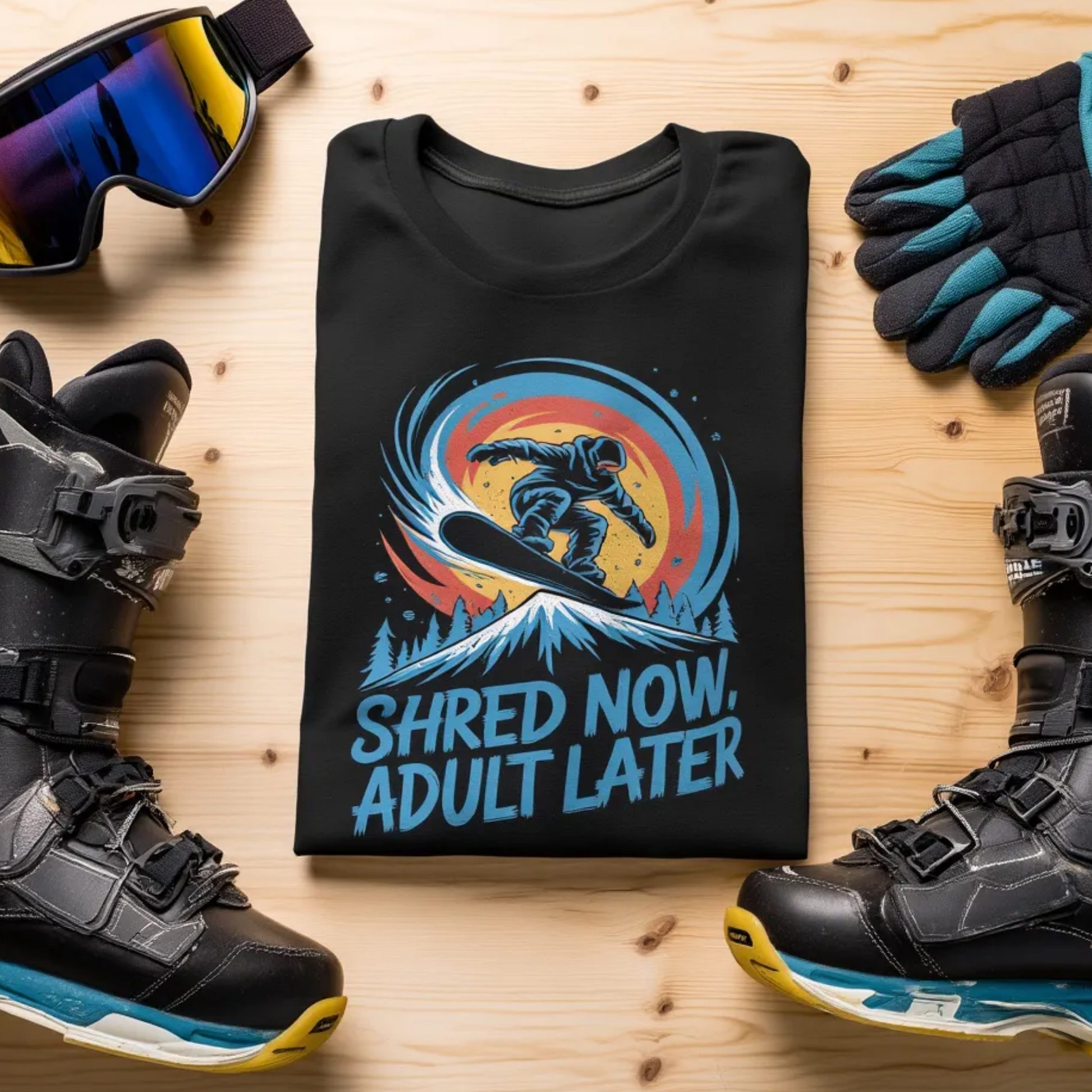 Shred Now Adult Later Snowboarding T-Shirt - Funny Snowboard Graphic Tee for Men Women Teens