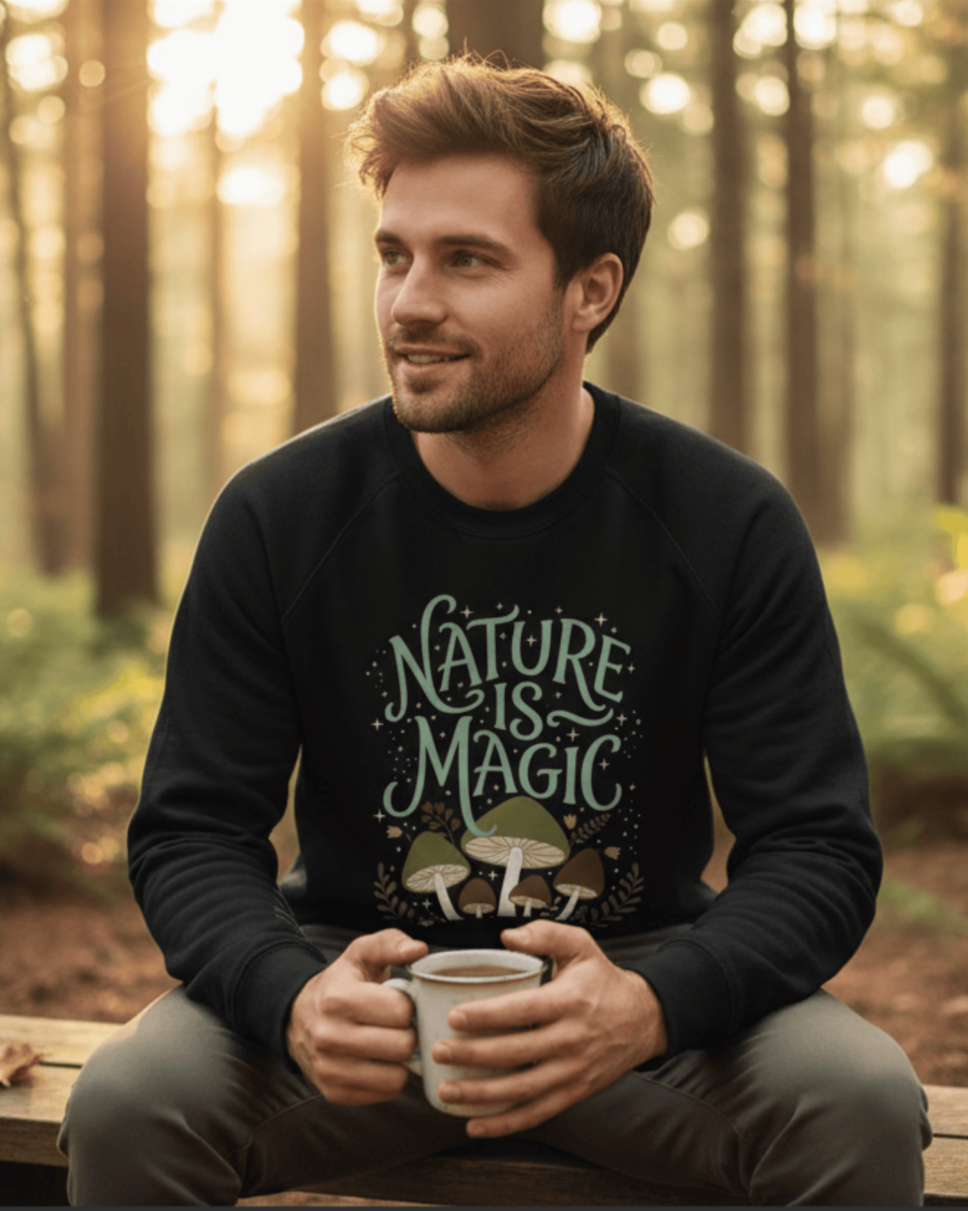 Man sitting on a wooden bench in the forest, holding a warm drink and wearing a black “Nature Is Magic” sweatshirt with mushrooms and leafy nature artwork.