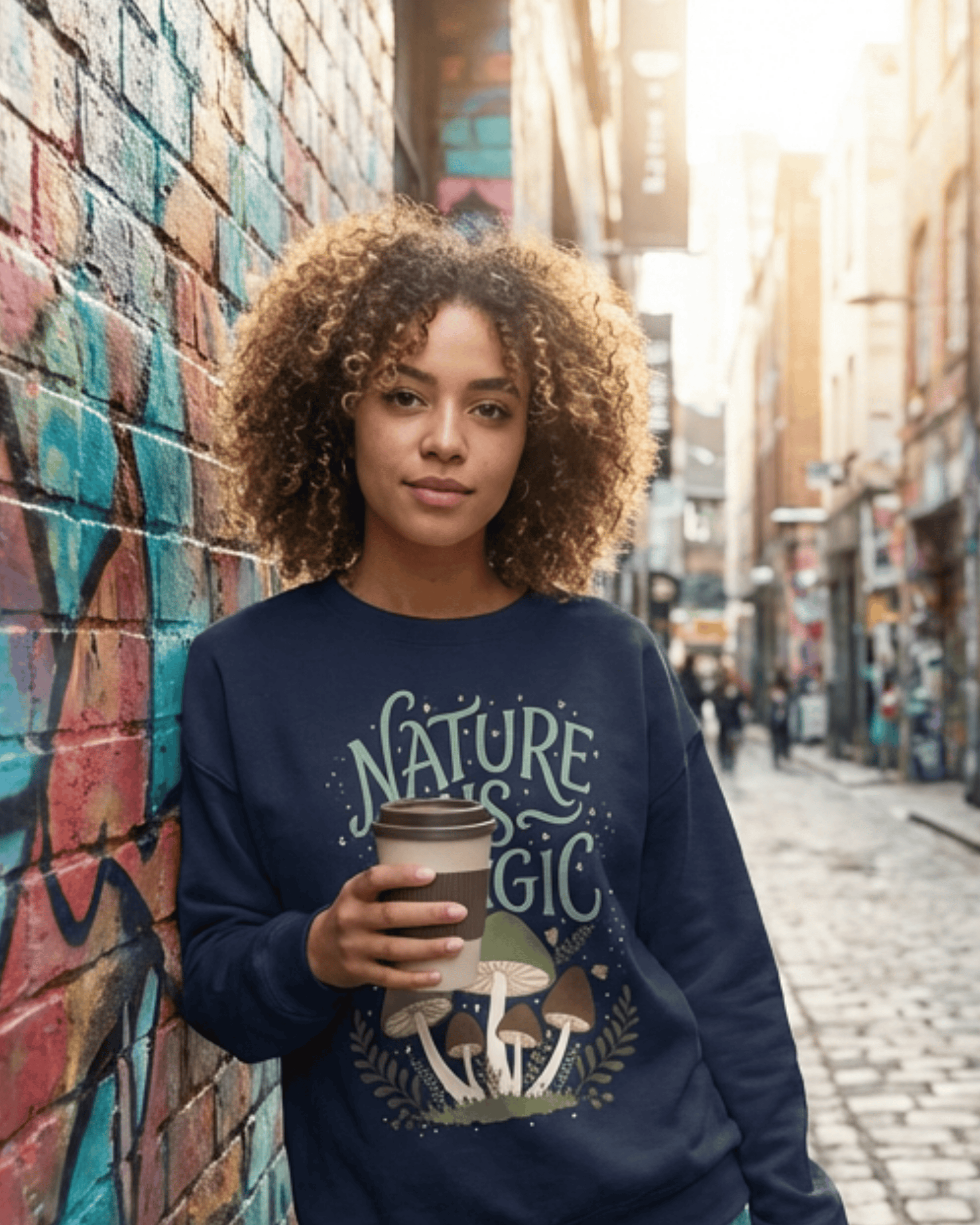 Young woman in a navy “Nature Is Magic” sweatshirt with whimsical mushrooms, leaning against a colorful graffiti brick wall and holding a coffee in the city.