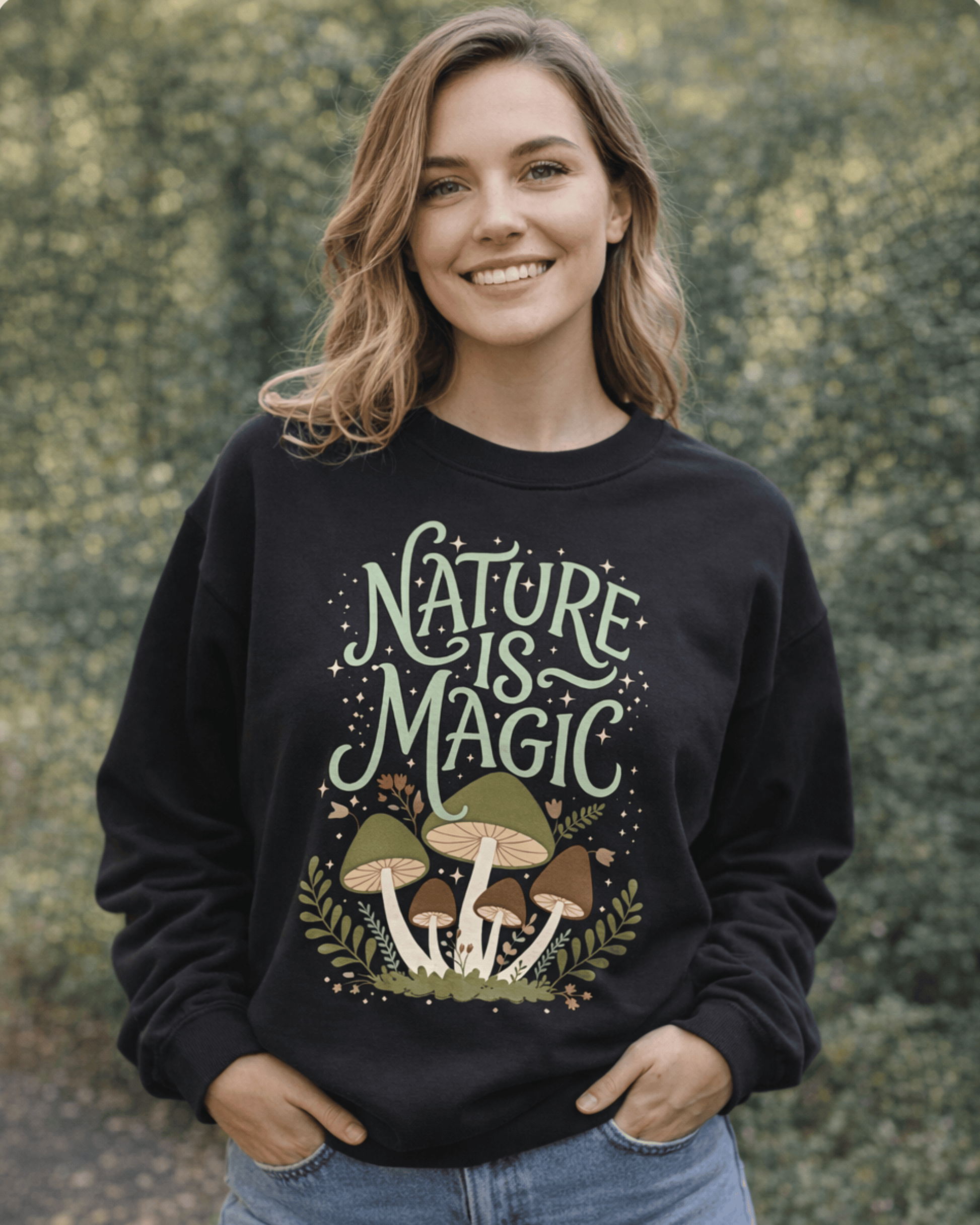 Smiling woman in a black “Nature Is Magic” mushroom sweatshirt, hands in pockets, standing outdoors in front of a soft green nature background.