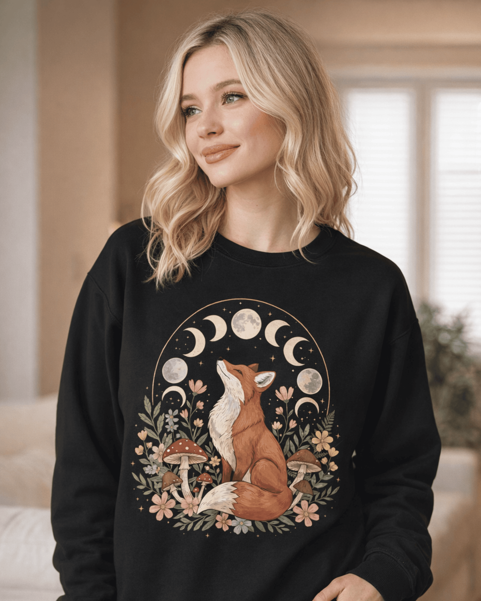 A smiling blonde woman models a black cottagecore sweatshirt. The design features a whimsical red fox sitting among mushrooms and wildflowers, looking up at an arch of the moon phases.