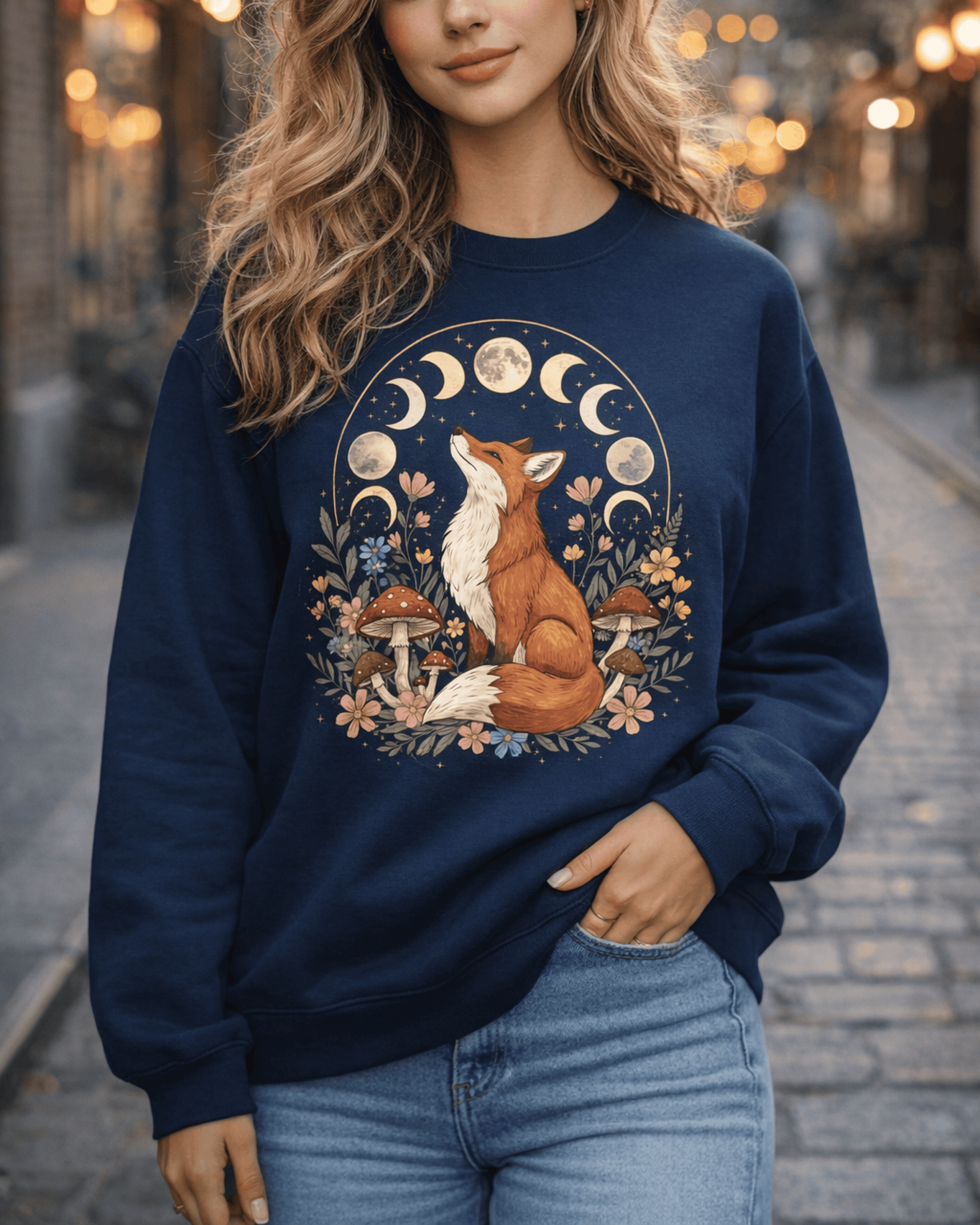 Model wears a navy blue cottagecore sweatshirt on a city street. The crewneck features a detailed graphic of a red fox looking up at the celestial moon phases, framed by woodland mushrooms and flowers.