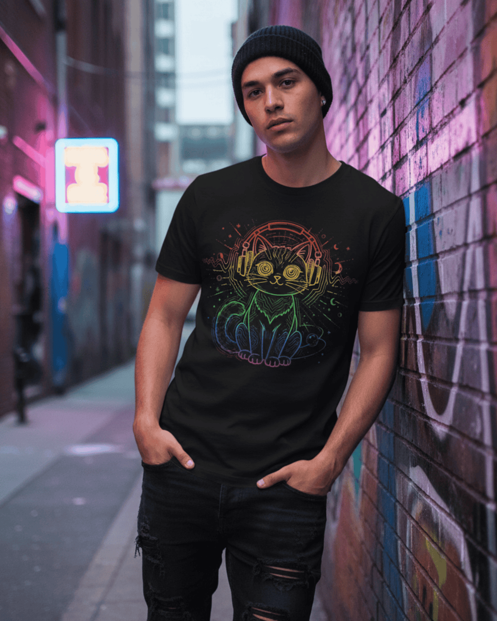 Music Lover DJ Cat T-Shirt - Retro Rave EDM Graphic Tee
