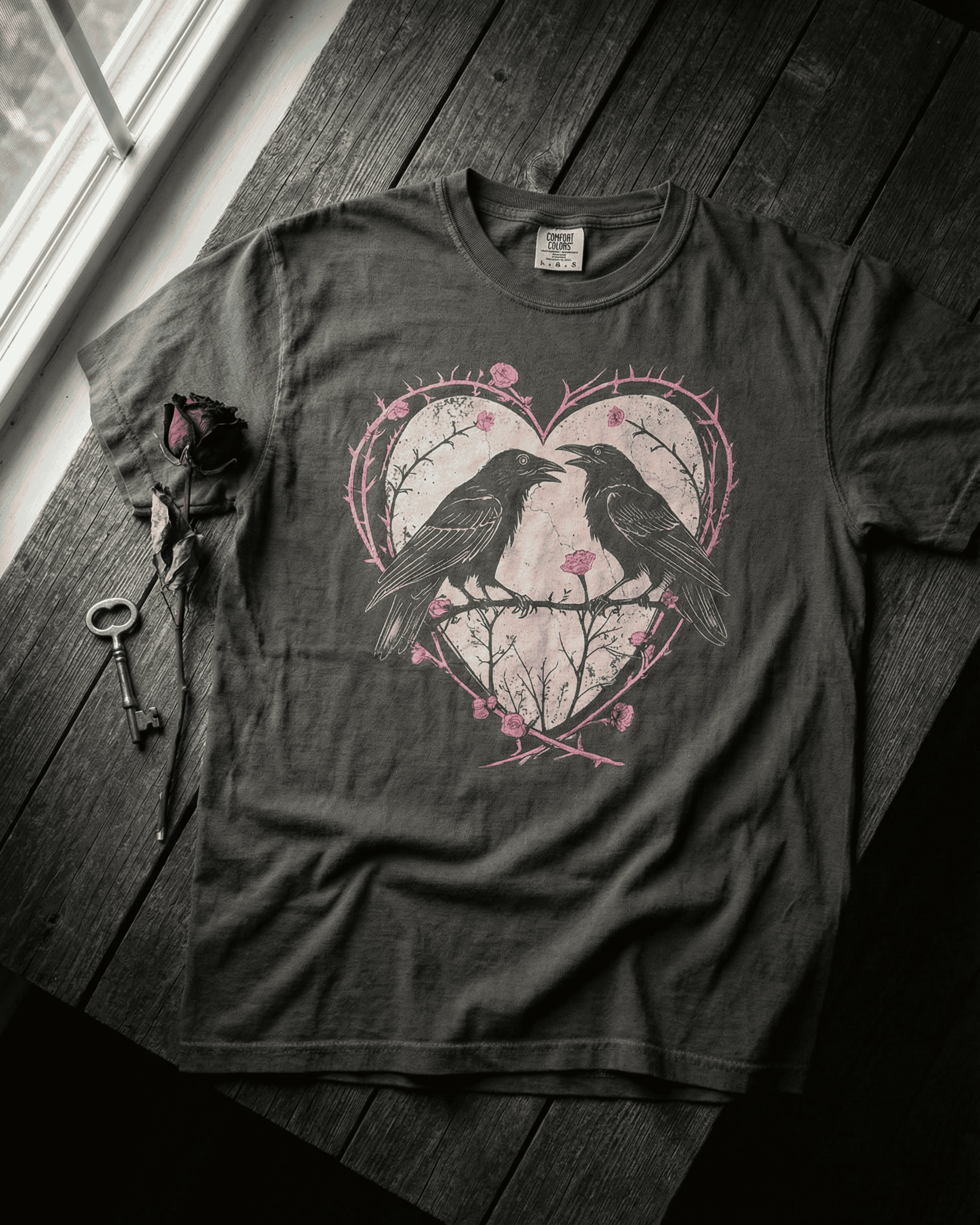 Vintage Raven Comfort Colors Valentine T-Shirt - Dark Romance Goth Aesthetic Graphic Tee
