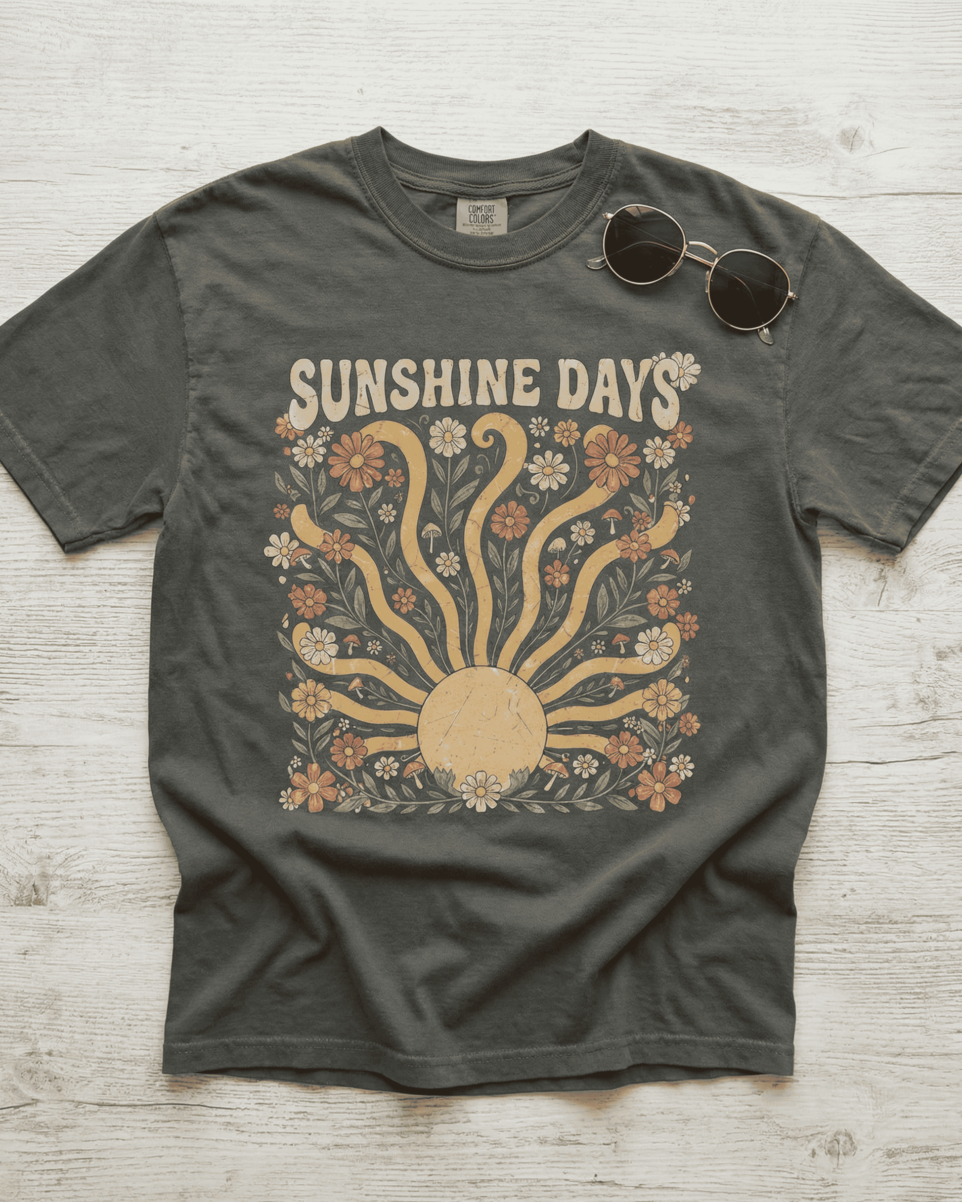 Comfort Colors Summer Sunshine Days T-Shirt - Retro Hippie Wildflowers Graphic Tee