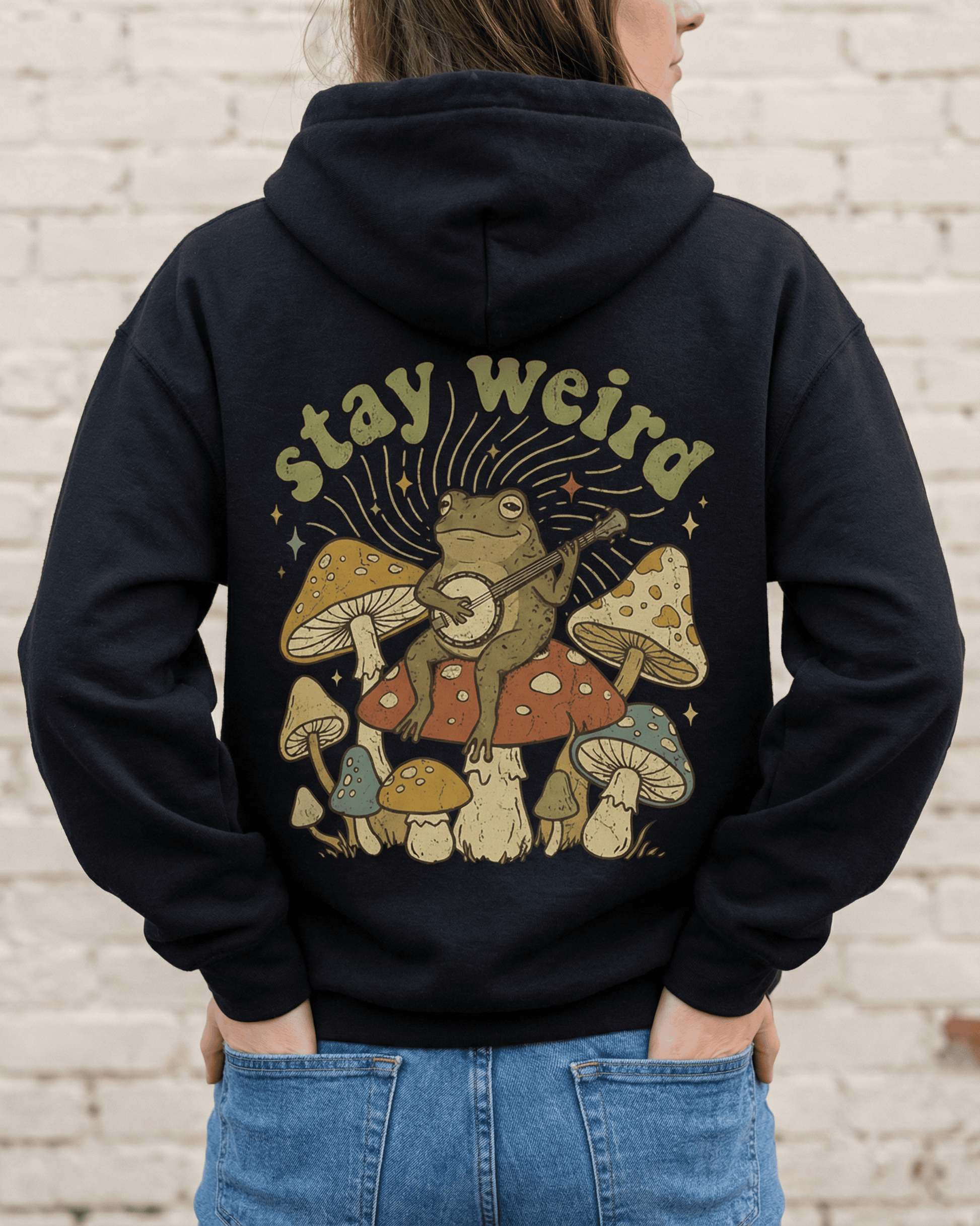 Retro Stay Weird Frog Hoodie - Hippie Cottagecore Aesthetic Hooded Sweatshirt