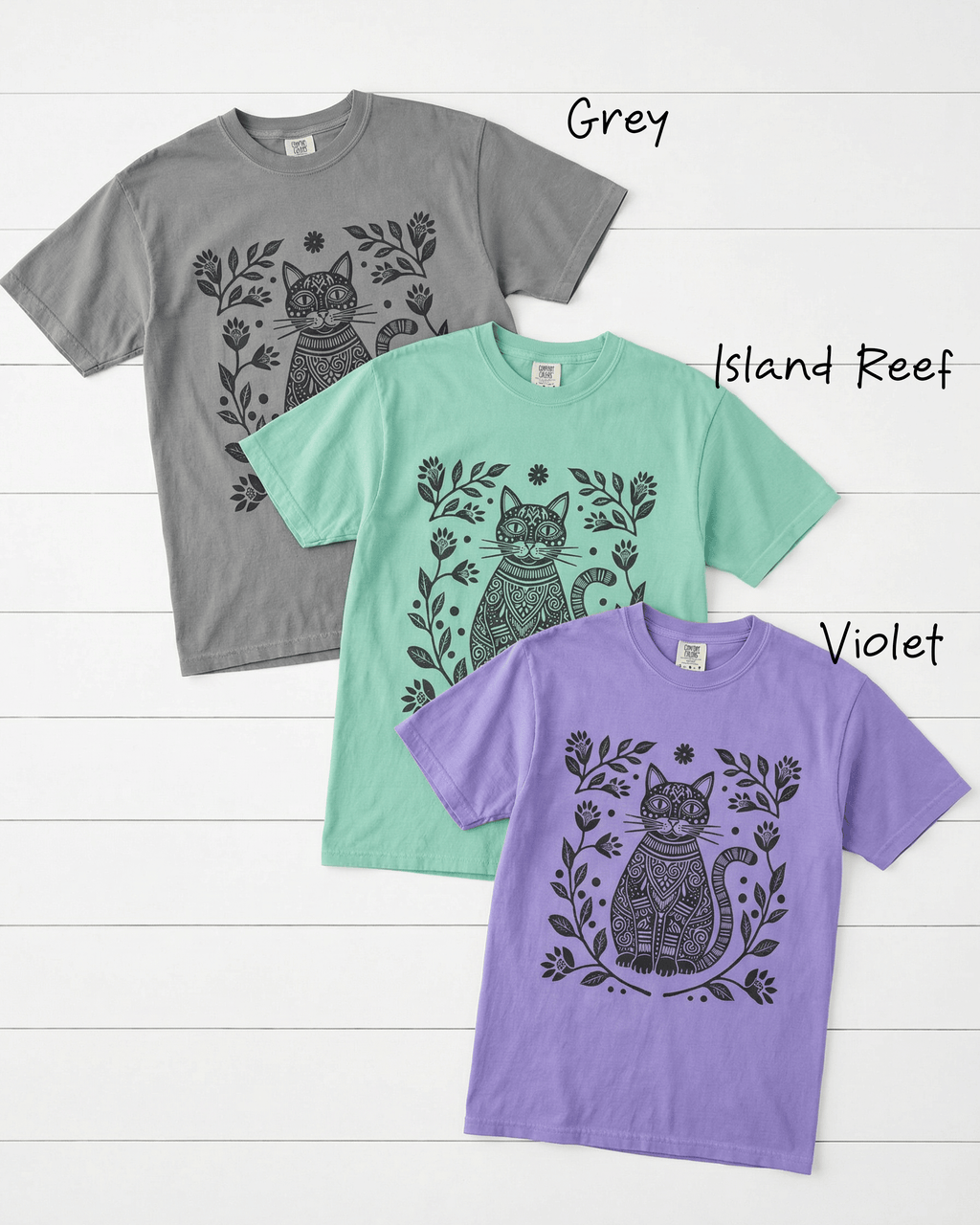 Comfort Colors Boho Cat Lover  T-Shirt - Linocut Floral Garden Graphic Tee