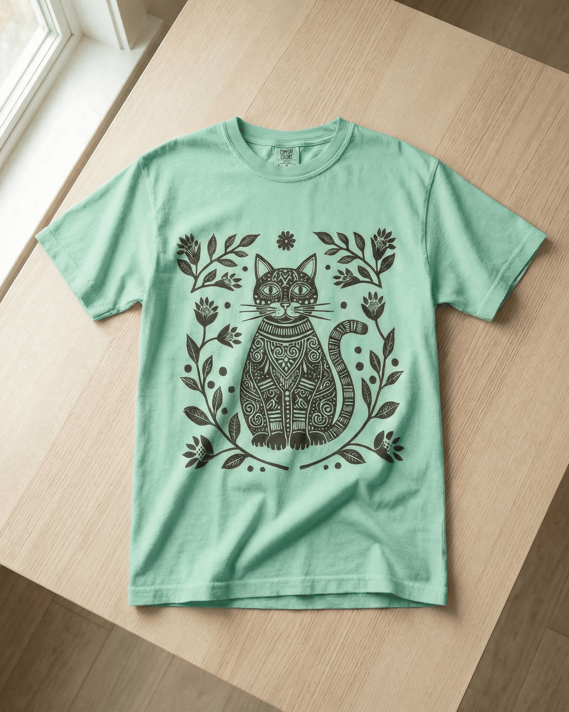 Comfort Colors Boho Cat Lover  T-Shirt - Linocut Floral Garden Graphic Tee