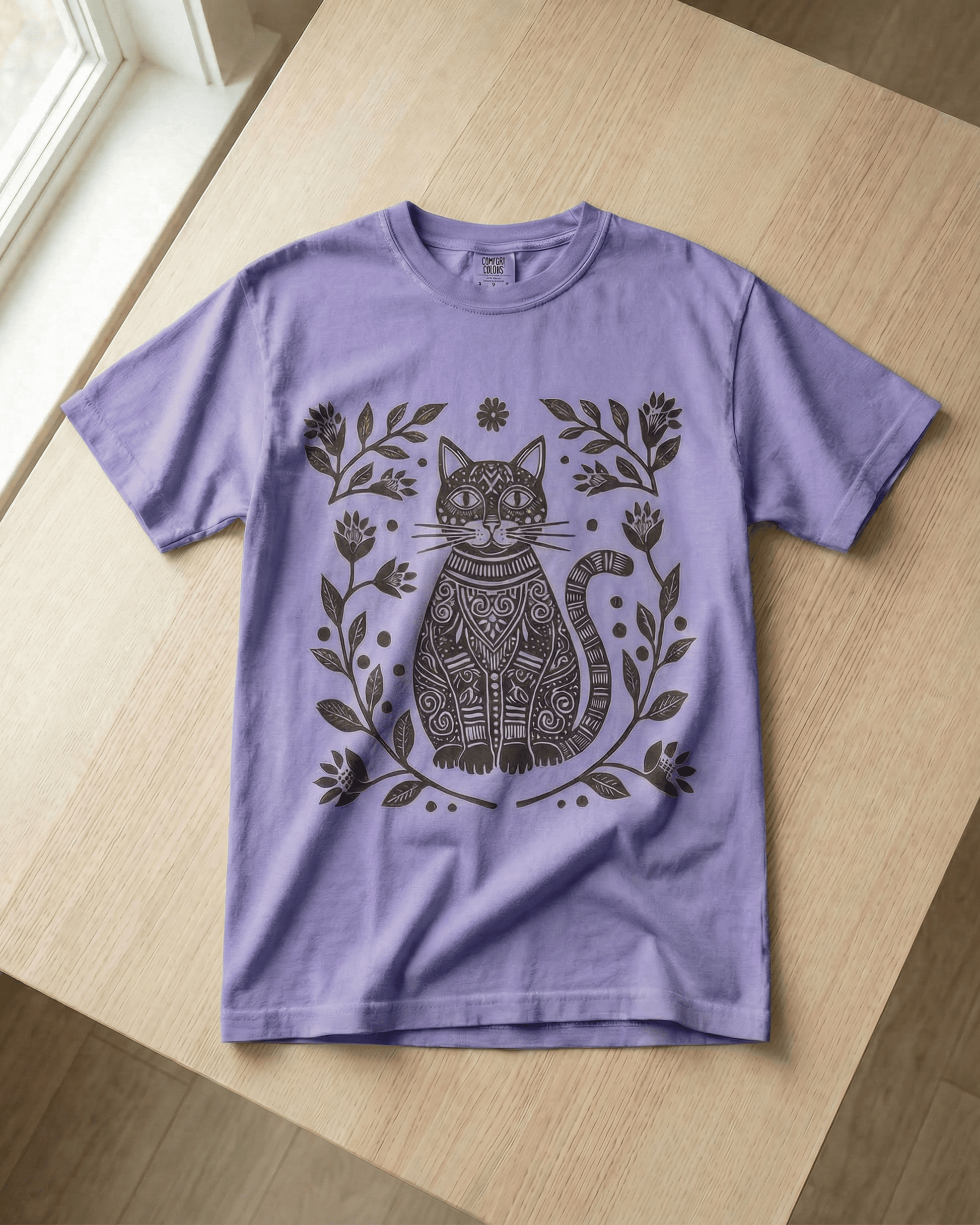 Comfort Colors Boho Cat Lover  T-Shirt - Linocut Floral Garden Graphic Tee