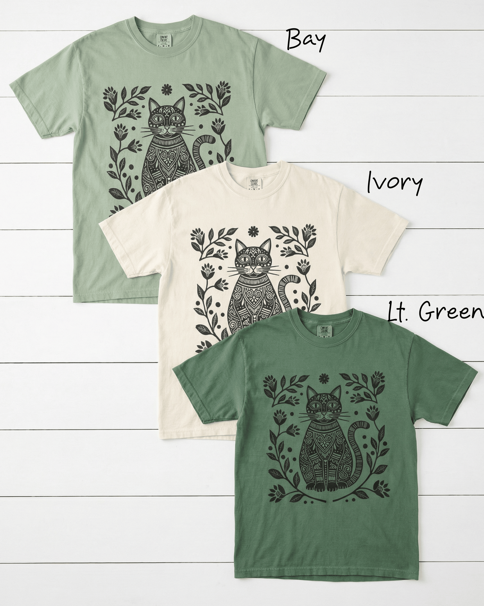 Comfort Colors Boho Cat Lover  T-Shirt - Linocut Floral Garden Graphic Tee