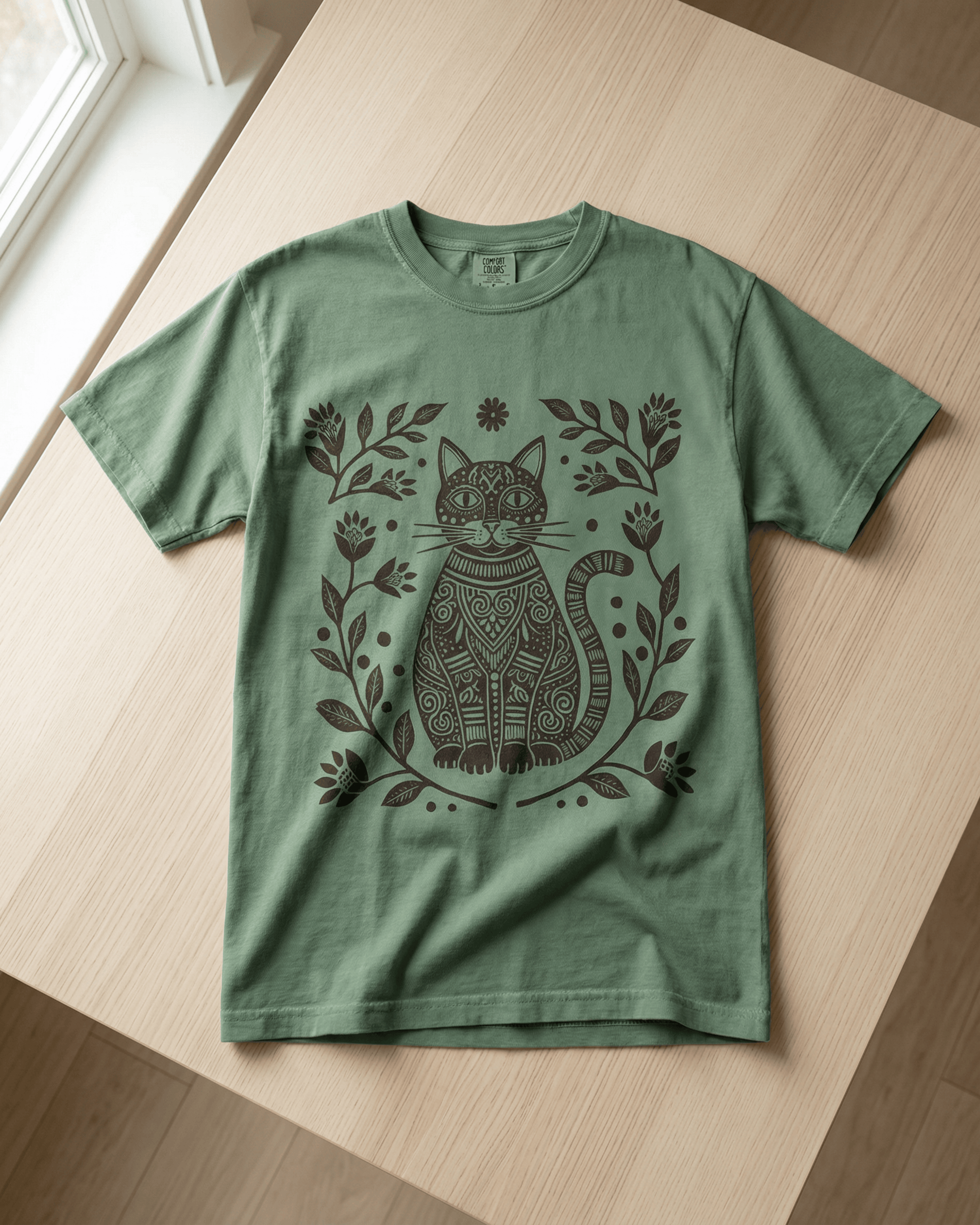 Comfort Colors Boho Cat Lover  T-Shirt - Linocut Floral Garden Graphic Tee