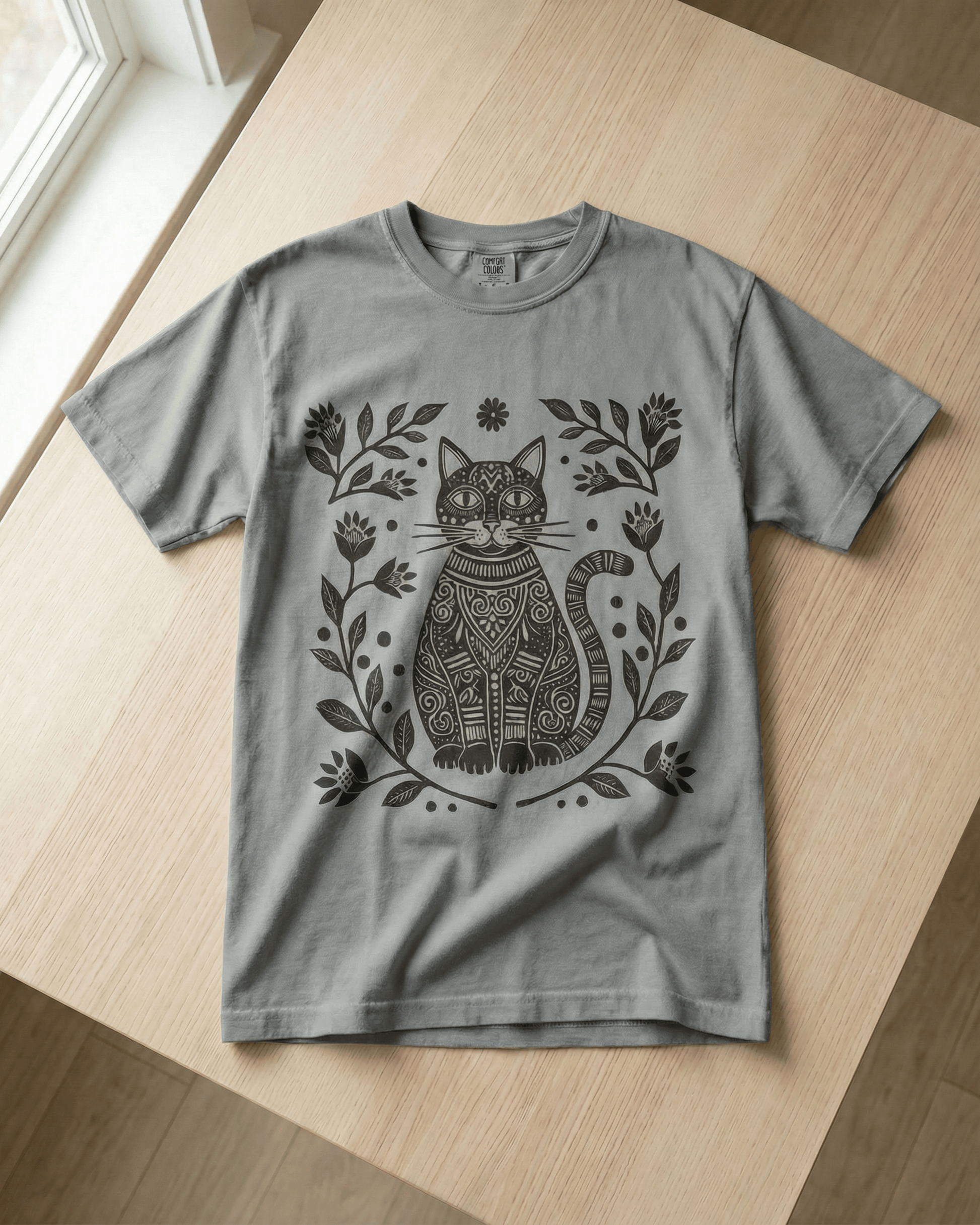 Comfort Colors Boho Cat Lover  T-Shirt - Linocut Floral Garden Graphic Tee
