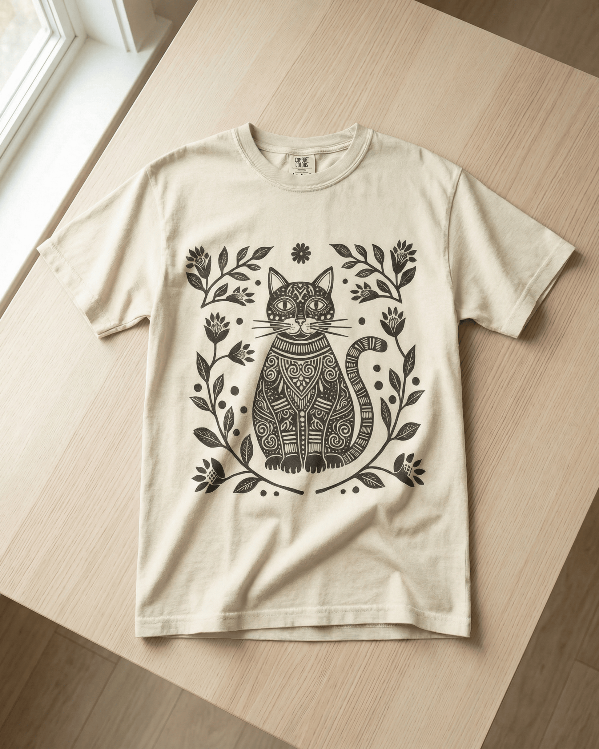 Comfort Colors Boho Cat Lover  T-Shirt - Linocut Floral Garden Graphic Tee