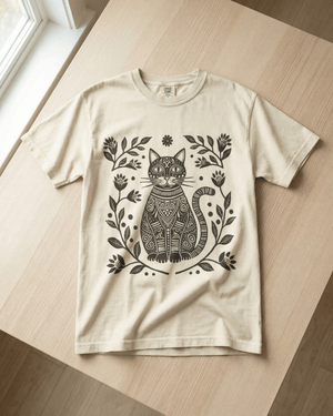 Comfort Colors Boho Cat Lover  T-Shirt - Linocut Floral Garden Graphic Tee