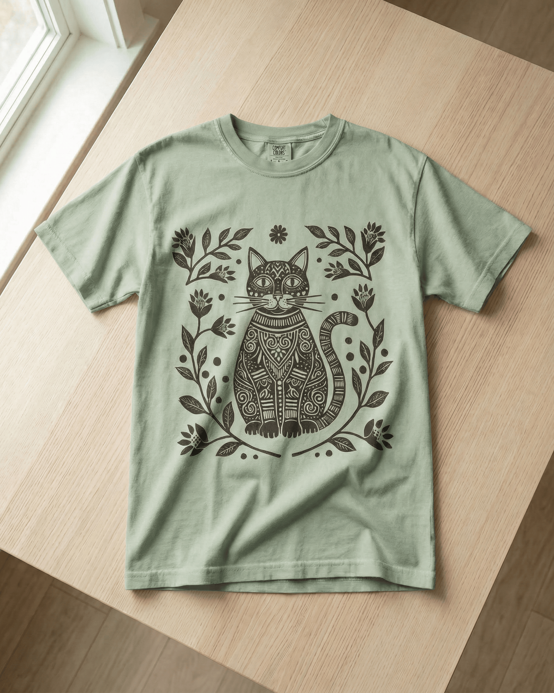 Comfort Colors Boho Cat Lover  T-Shirt - Linocut Floral Garden Graphic Tee