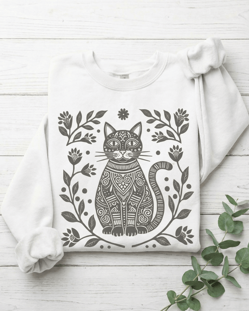 Boho Floral Cat Sweatshirt - Folk Art Wildflower Nature Lover Crewneck Pullover