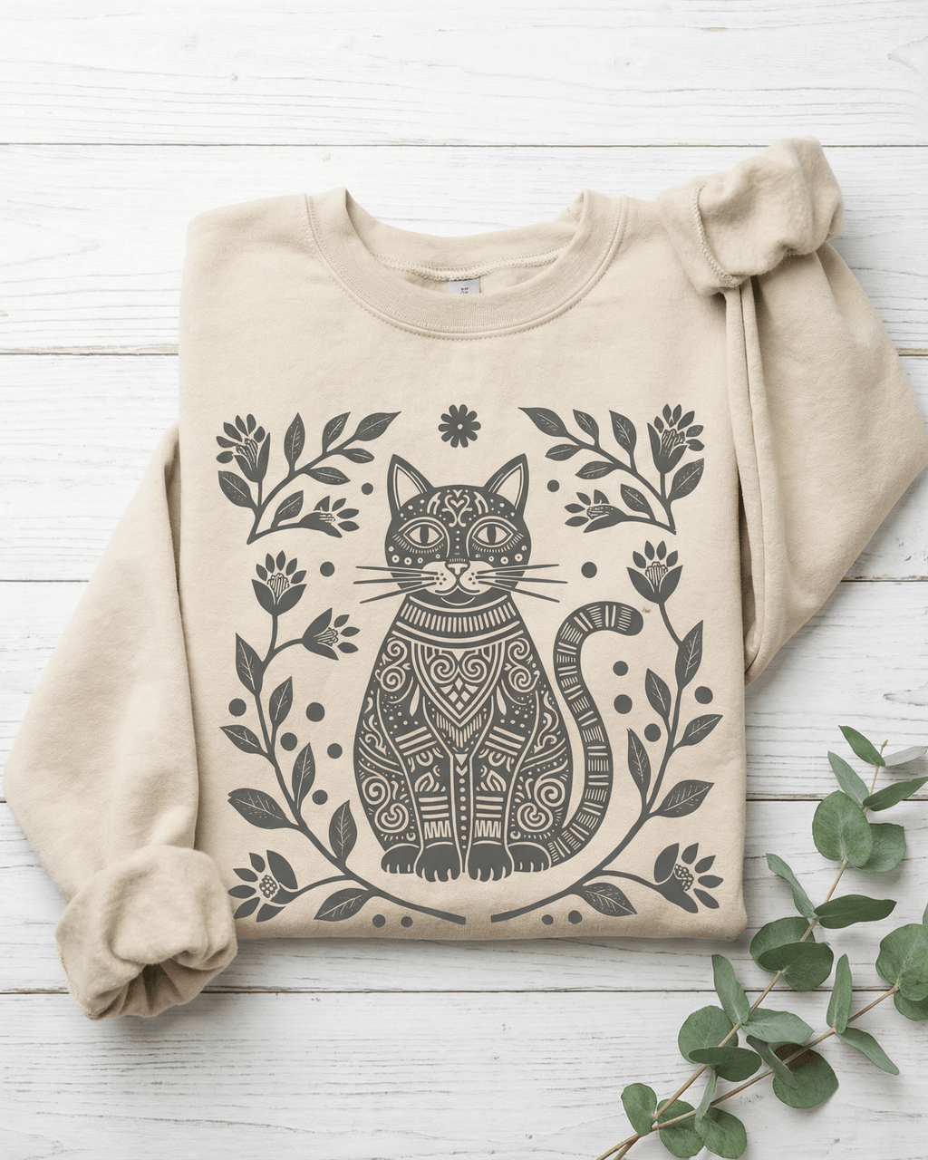 Boho Floral Cat Sweatshirt - Folk Art Wildflower Nature Lover Crewneck Pullover