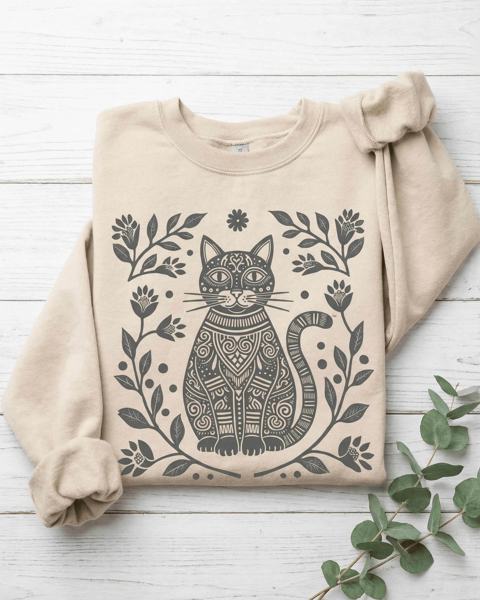 Boho Floral Cat Sweatshirt - Folk Art Wildflower Nature Lover Crewneck Pullover