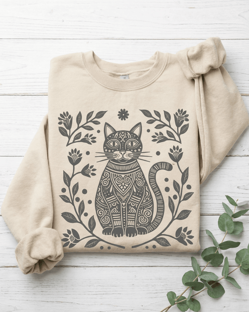 Boho Floral Cat Sweatshirt - Folk Art Wildflower Nature Lover Crewneck Pullover