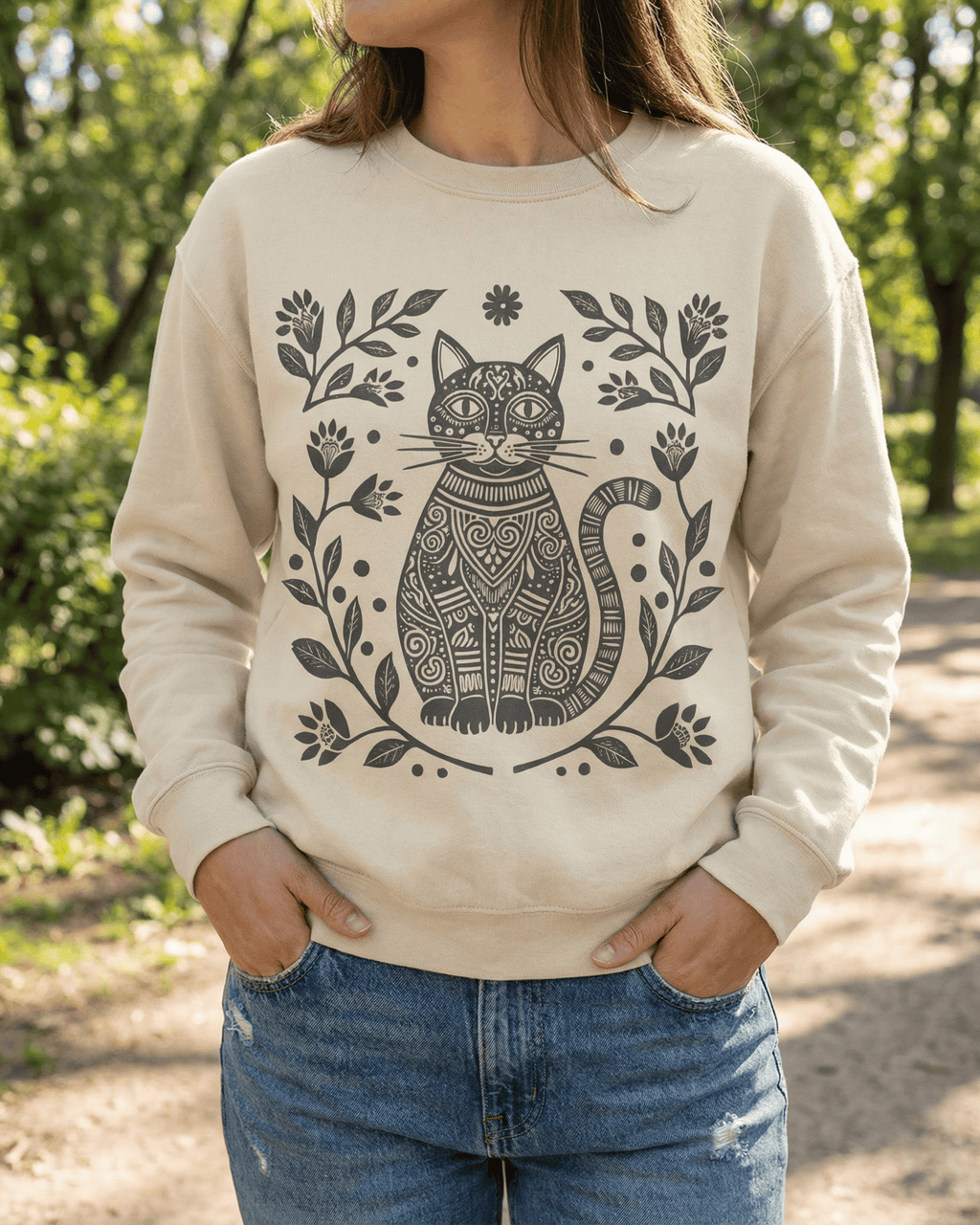 Boho Floral Cat Sweatshirt - Folk Art Wildflower Nature Lover Crewneck Pullover